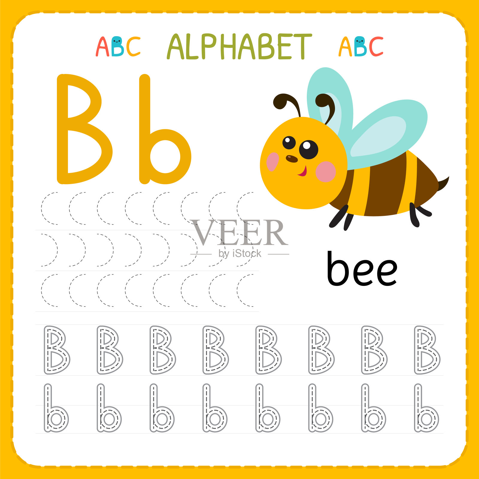 学龄前和幼儿园的字母追踪工作表。写练习字母b的孩子练习插画图片素材