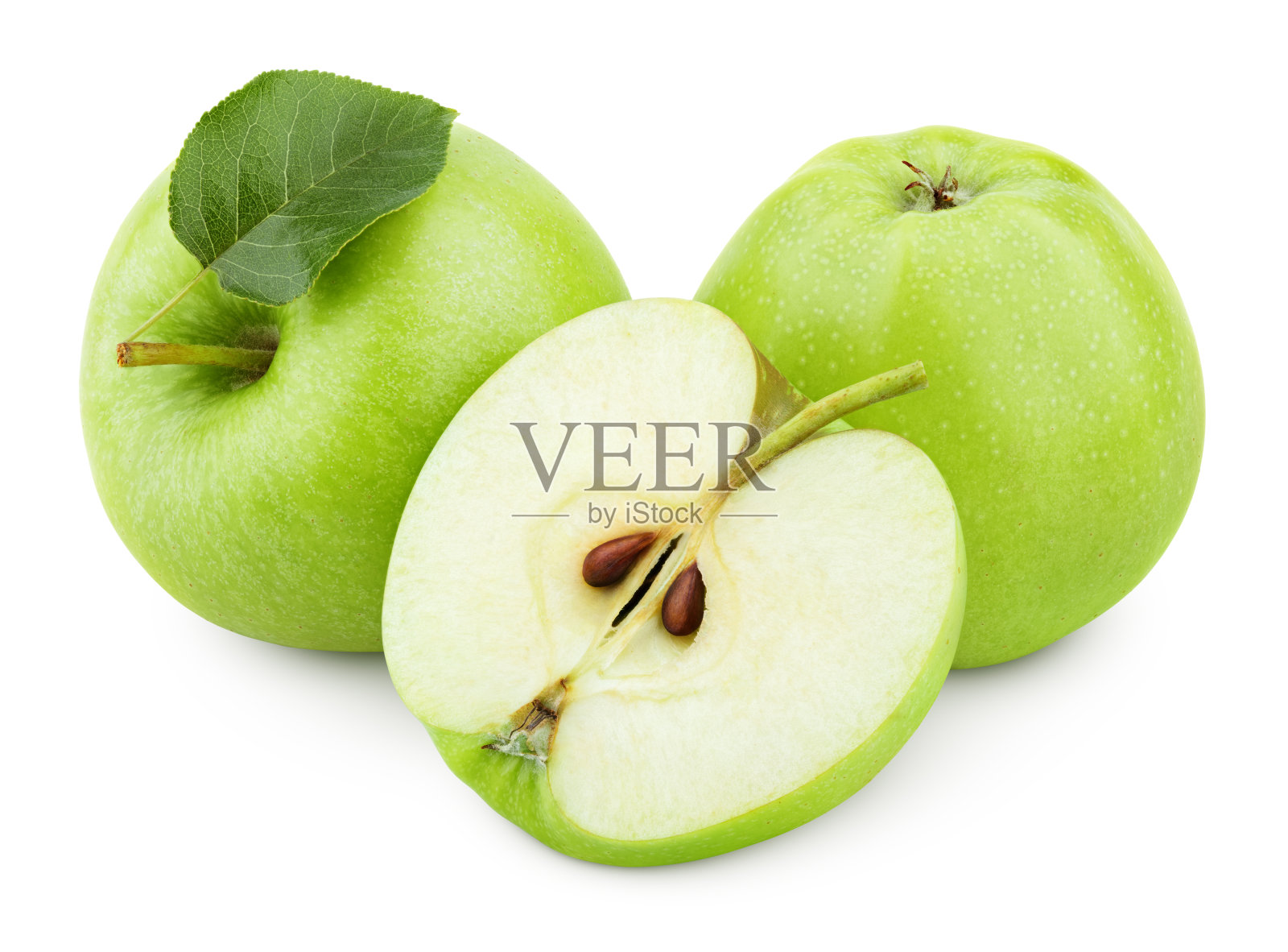 绿色的苹果果实，叶半和绿色孤立在白色上照片摄影图片