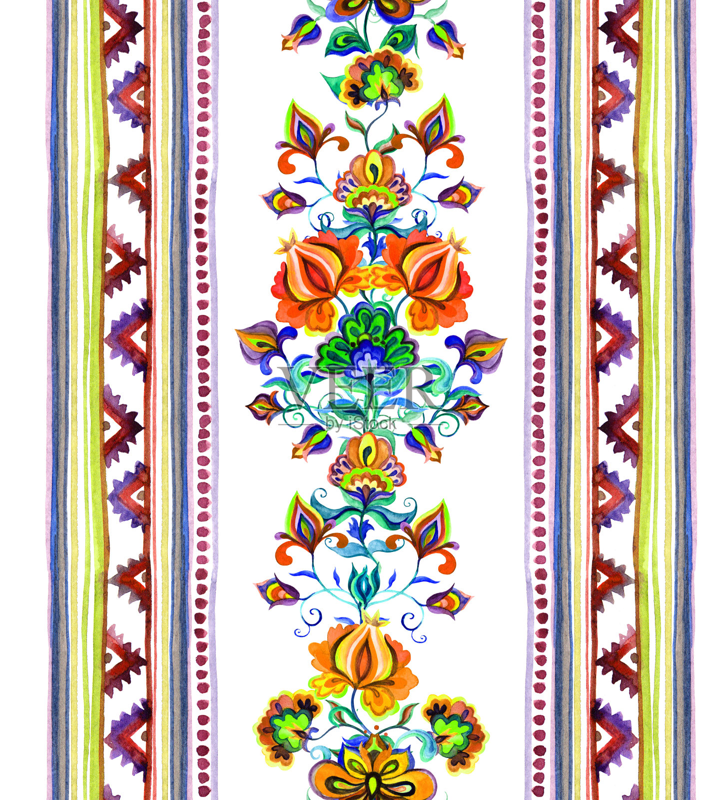 手工制作的东欧民族艺术-无缝框架与观赏花卉和条纹。水彩插画图片素材