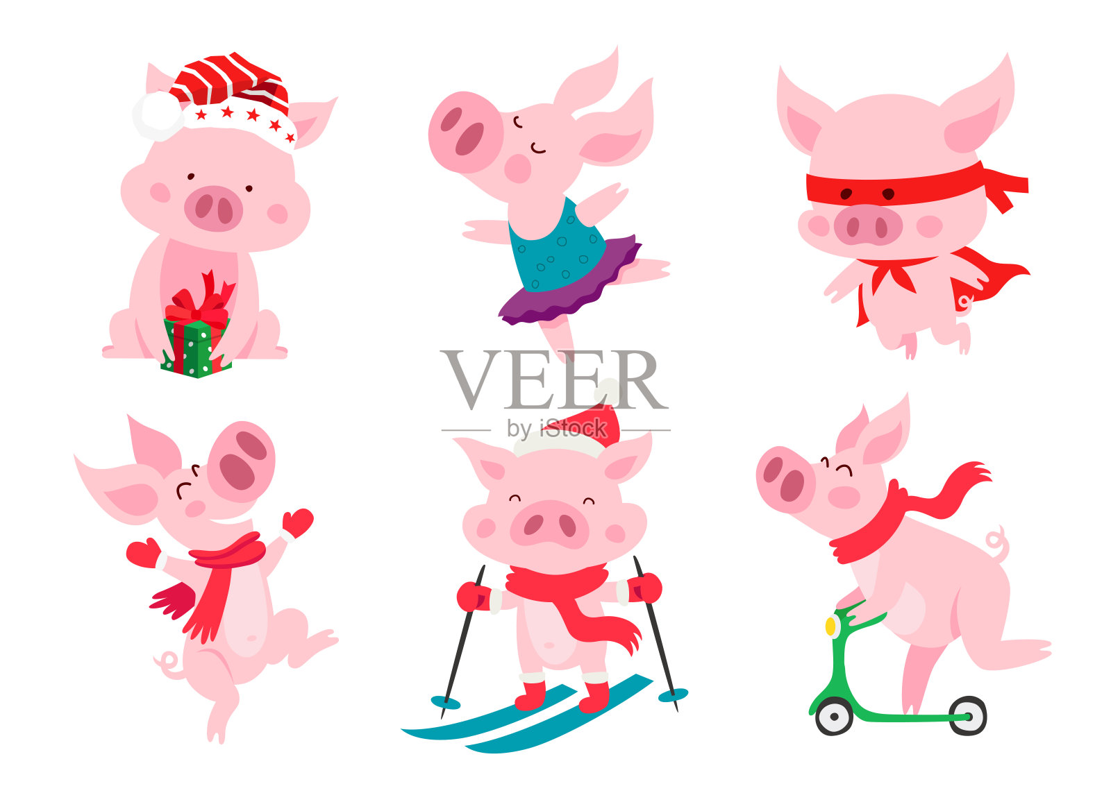 一组可爱的猪。中国新年2019年。插画图片素材