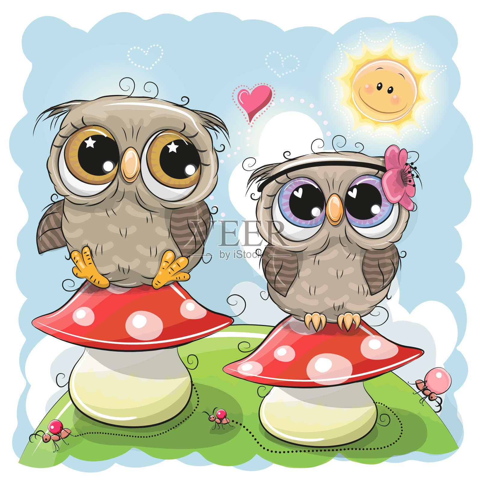 两只可爱的猫头鹰坐在蘑菇上设计元素图片