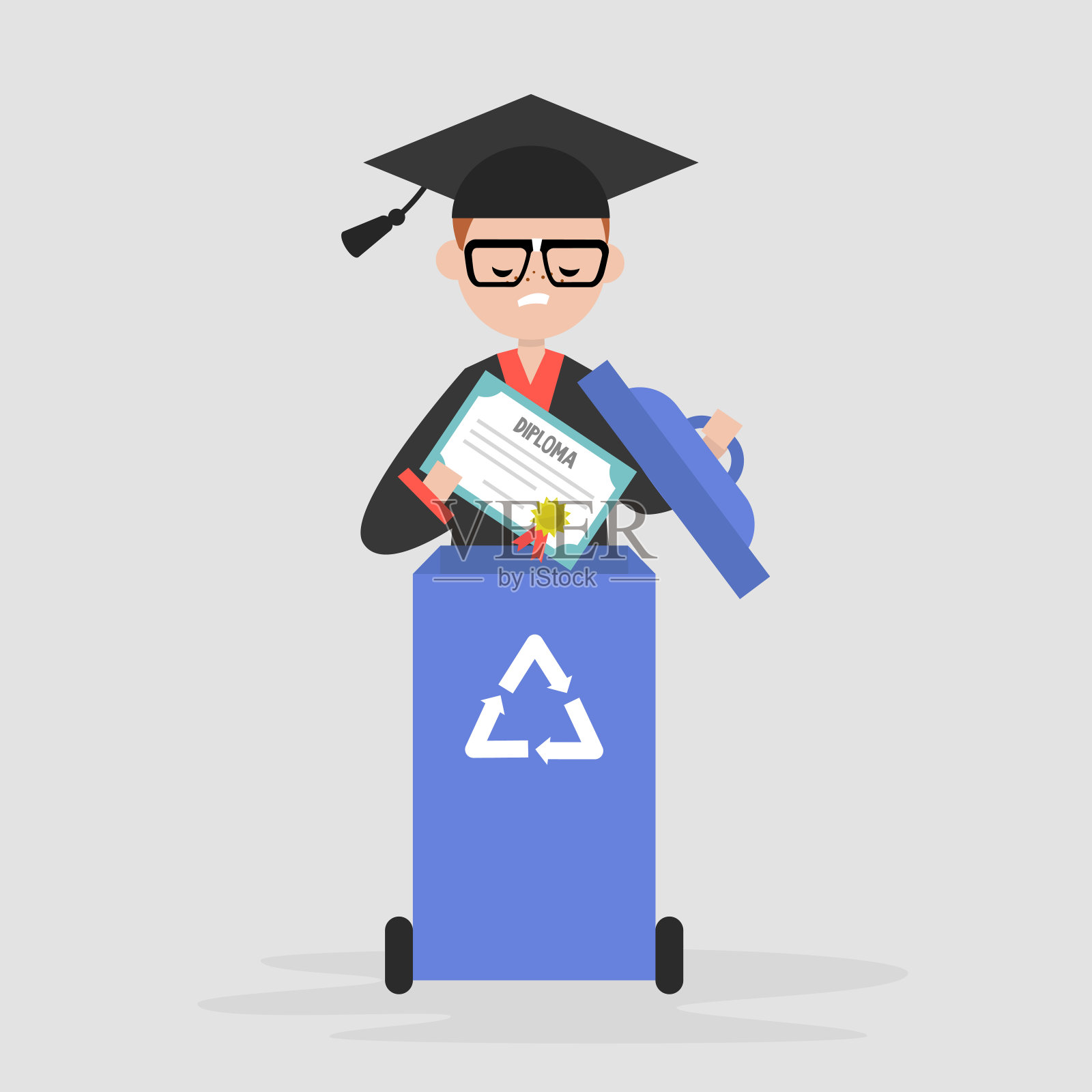 教育的危机。失望的毕业生扔掉了毕业证书。废纸回收容器。平面可编辑矢量插图，剪辑艺术插画图片素材