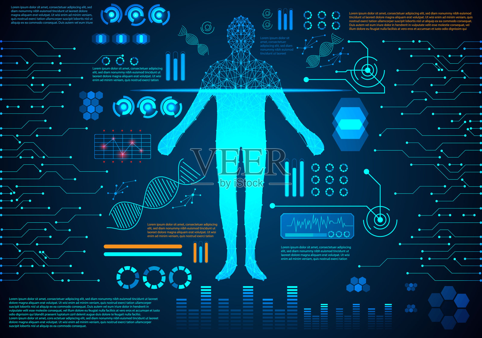 抽象技术UI未来概念hud界面全息图元素数字数据图表、通讯、计算、人体数字保健;以高科技为背景的健康未来设计。插画图片素材