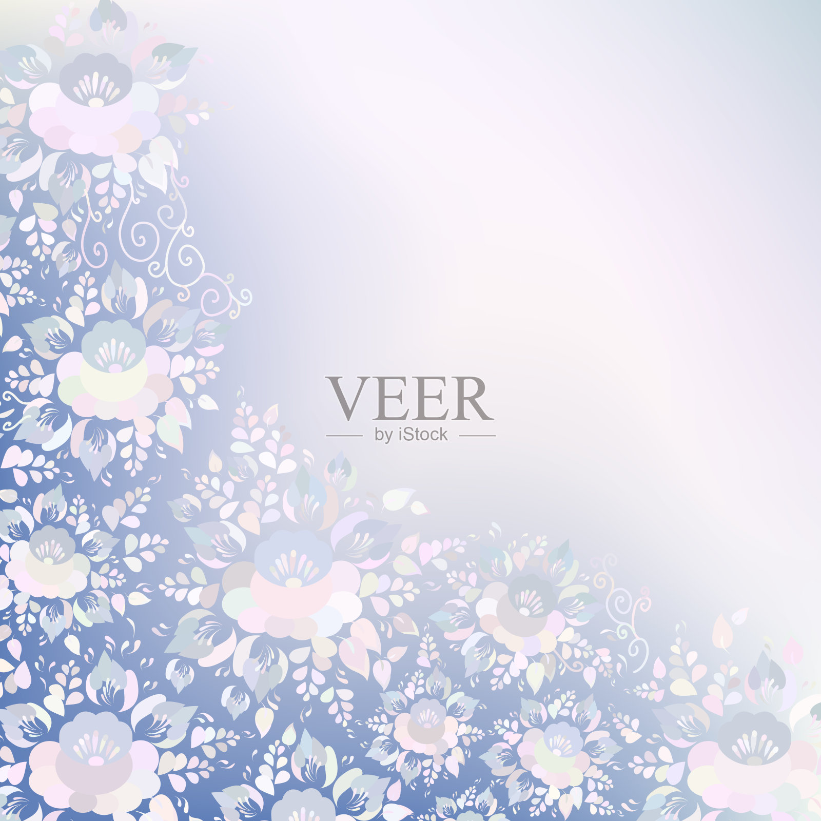 复古破旧别致的婚礼卡片设计，横幅模板，春天的浪漫装饰，粉彩，粉蓝色的丁香和白色的花和叶子在光的背景。向量背景图片素材