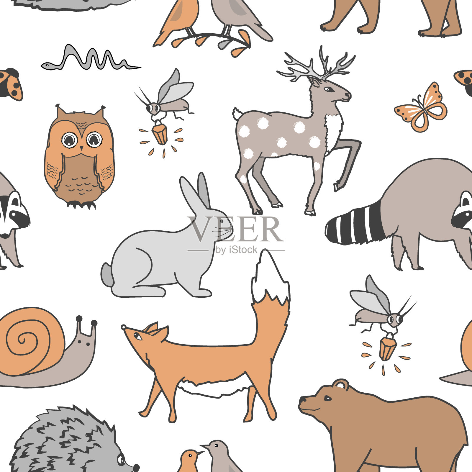 森林动物无缝模式。狐狸，熊，浣熊，猫头鹰，兔子，萤火虫和刺猬在白色的背景。插画图片素材
