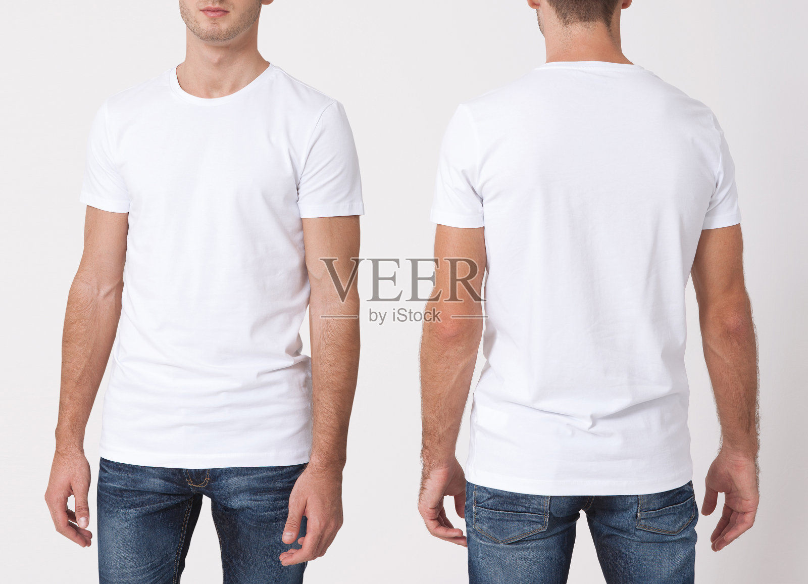 t恤设计与人的概念——年轻人近距离穿着空白的白色t恤，衬衫前后隔离。干净的衬衫模型设计集。照片摄影图片