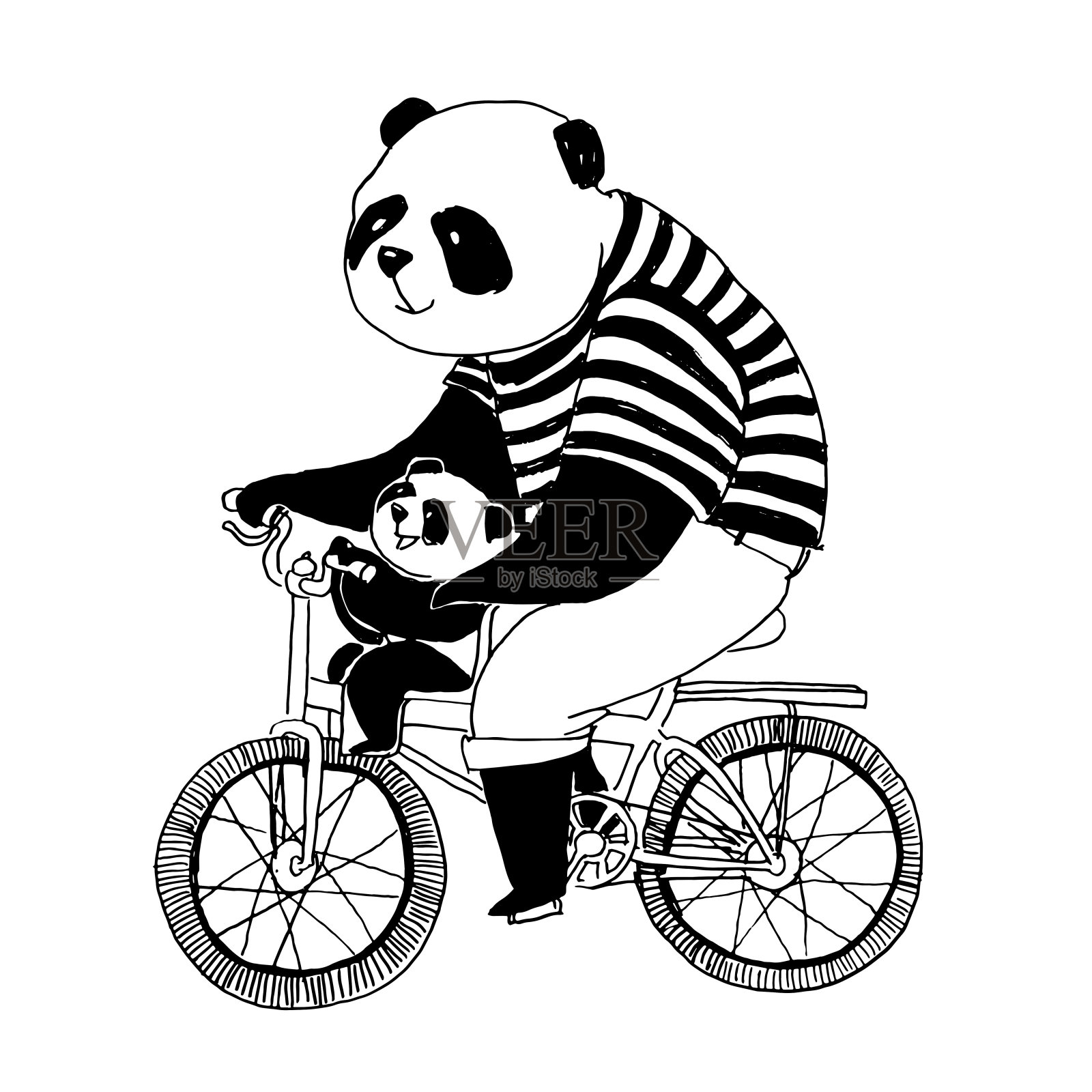 矢量黑白插图着色书。熊猫爸爸穿着黑白t恤和他的小熊猫骑着自行车设计元素图片