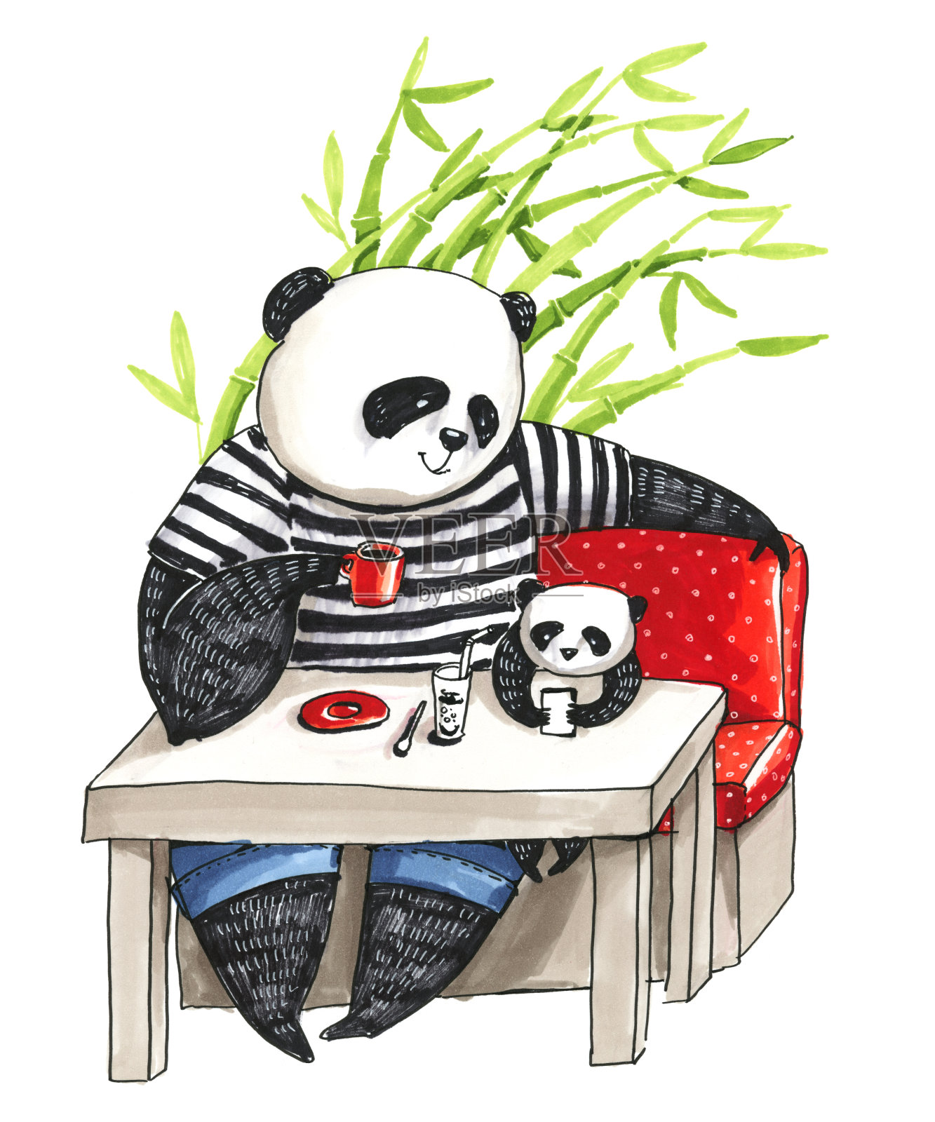水彩和钢笔插图。穿着黑白t恤的熊猫爸爸坐在咖啡厅里，和玩智能手机的熊猫小儿子一起喝咖啡插画图片素材