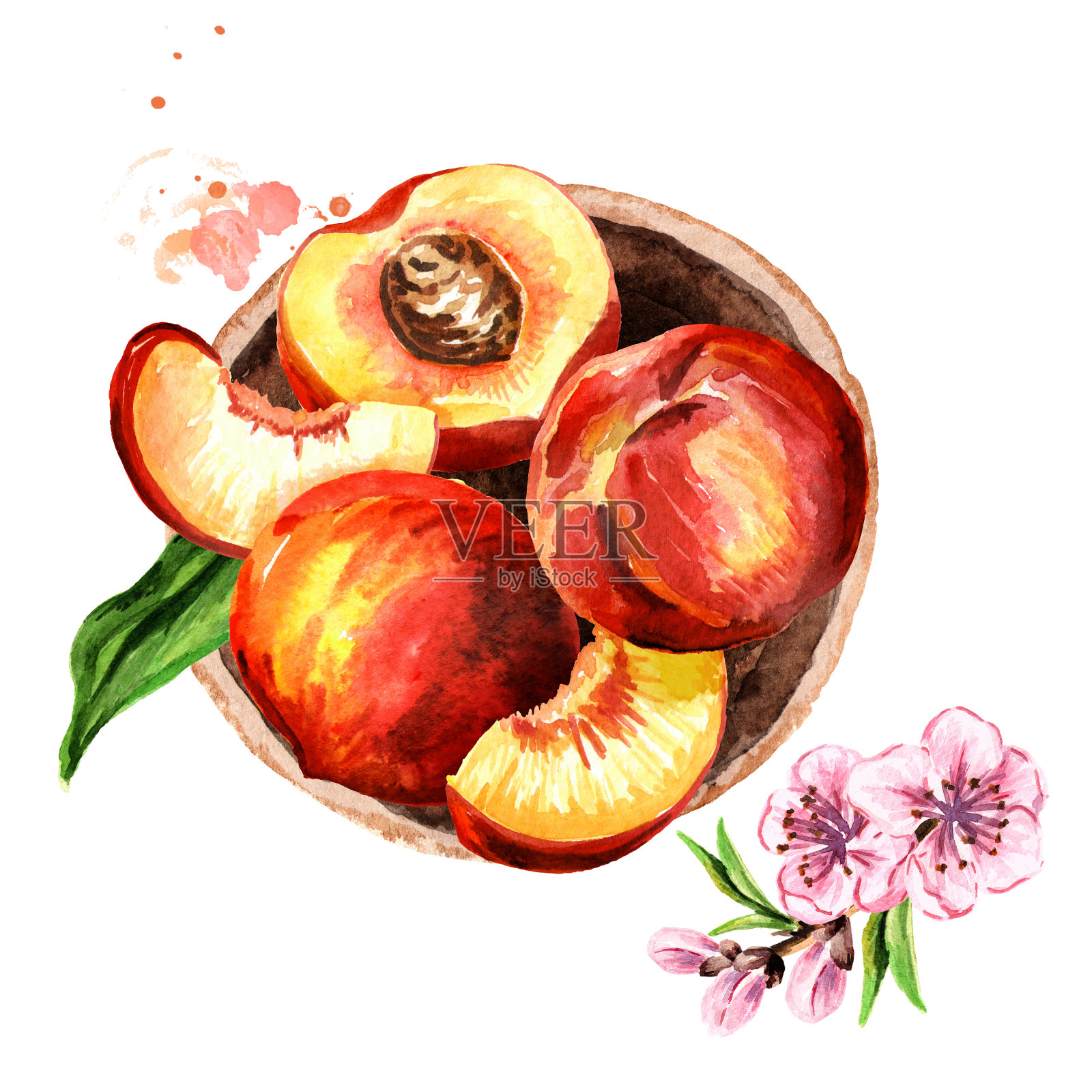 新鲜的桃子水果在盘顶视图组成。水彩手绘插图插画图片素材