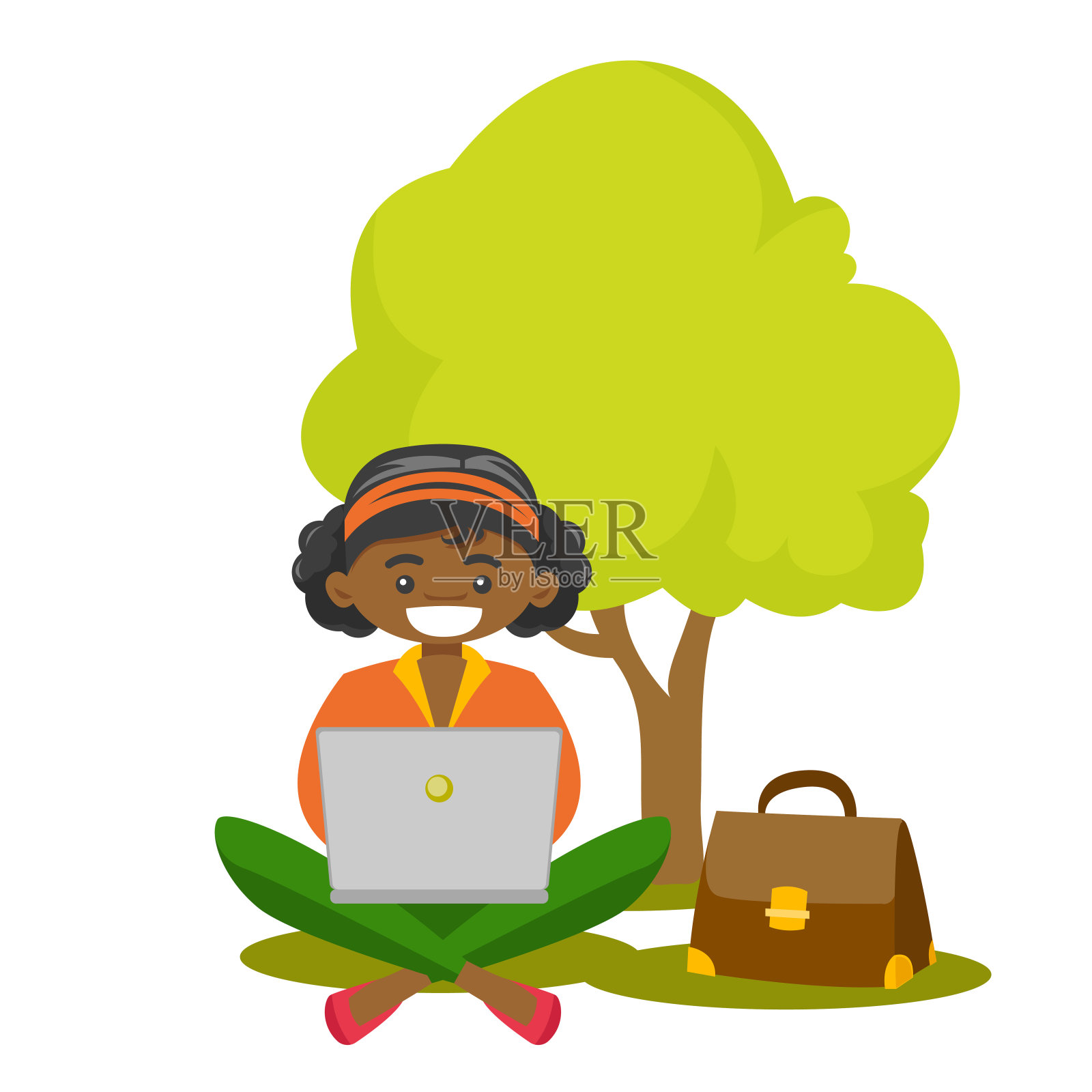 非裔美国女性在户外用笔记本电脑工作插画图片素材