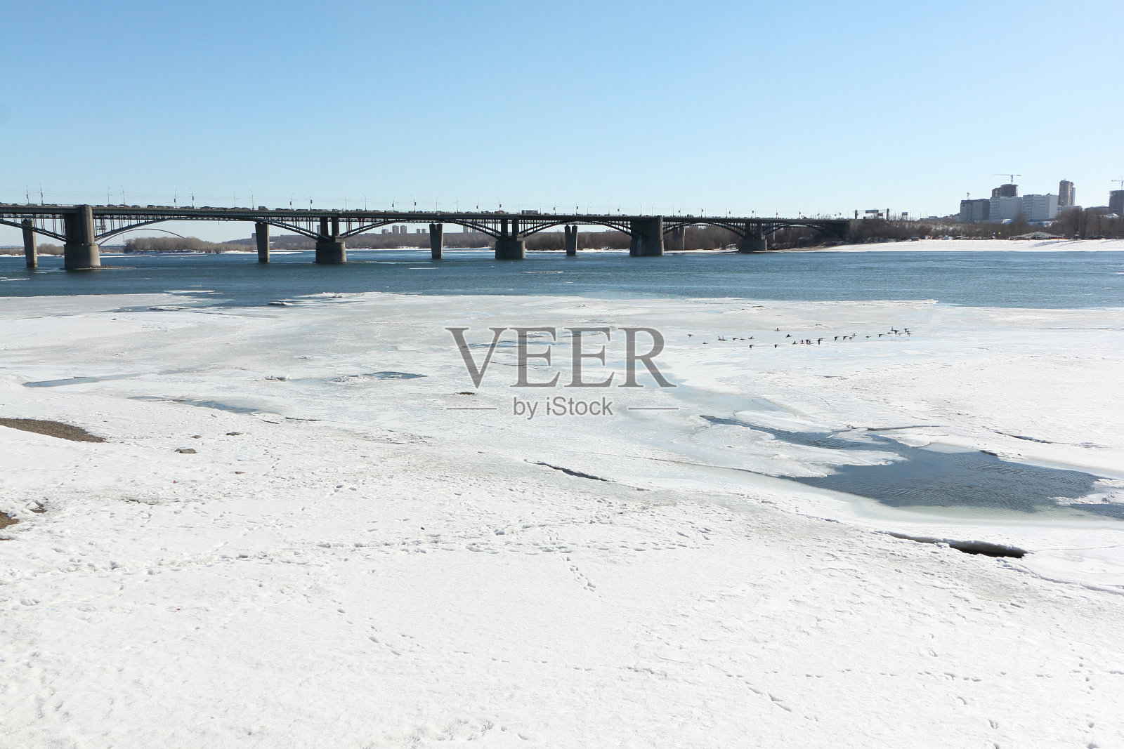 俄罗斯新西伯利亚市公共桥，春天鄂毕河上的冰正在融化照片摄影图片