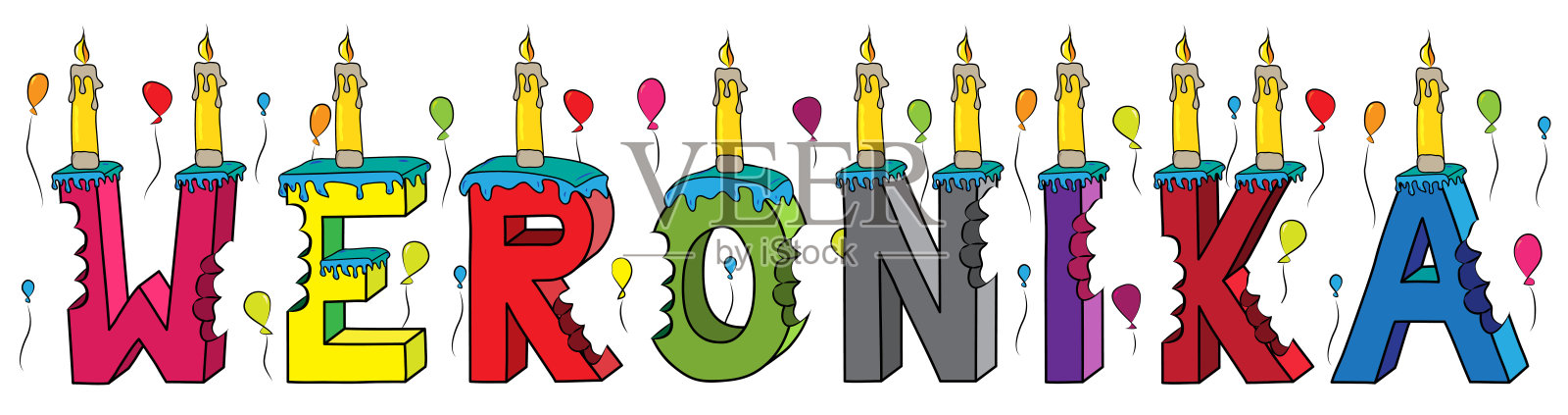 Weronika女名咬彩色3d字母生日蛋糕蜡烛和气球插画图片素材