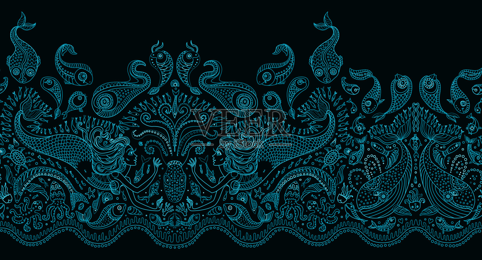 无缝模式。幻想美人鱼，章鱼，鱼，海洋动物绿松石轮廓细线绘制与装饰在深蓝色的背景。刺绣边，墙纸流苏，纺织品印花，包装纸插画图片素材