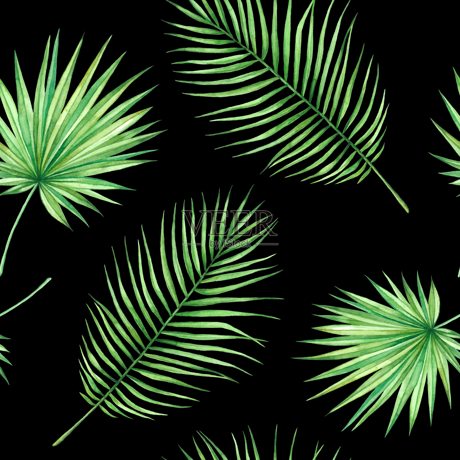 无缝水彩模式与热带树叶插画图片素材