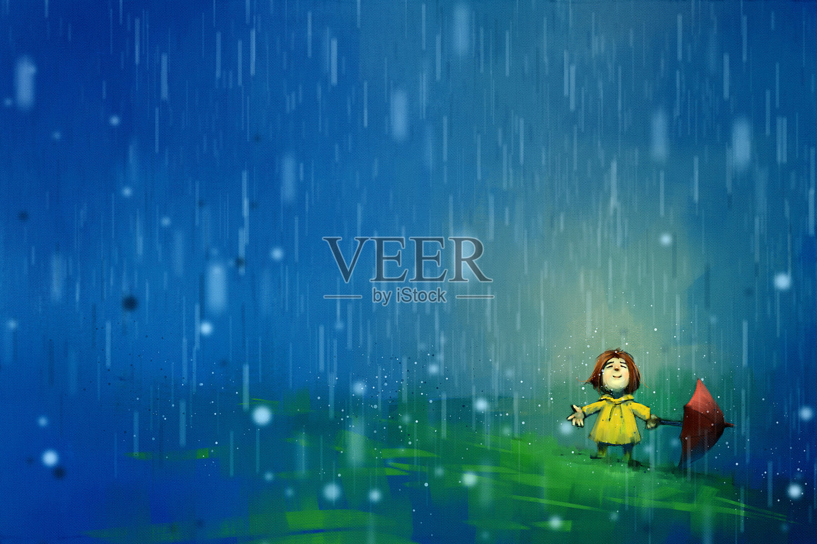 数码画的女孩在雨中穿着黄色的雨衣和红色的伞，丙烯酸帆布纹理，讲故事的插图插画图片素材
