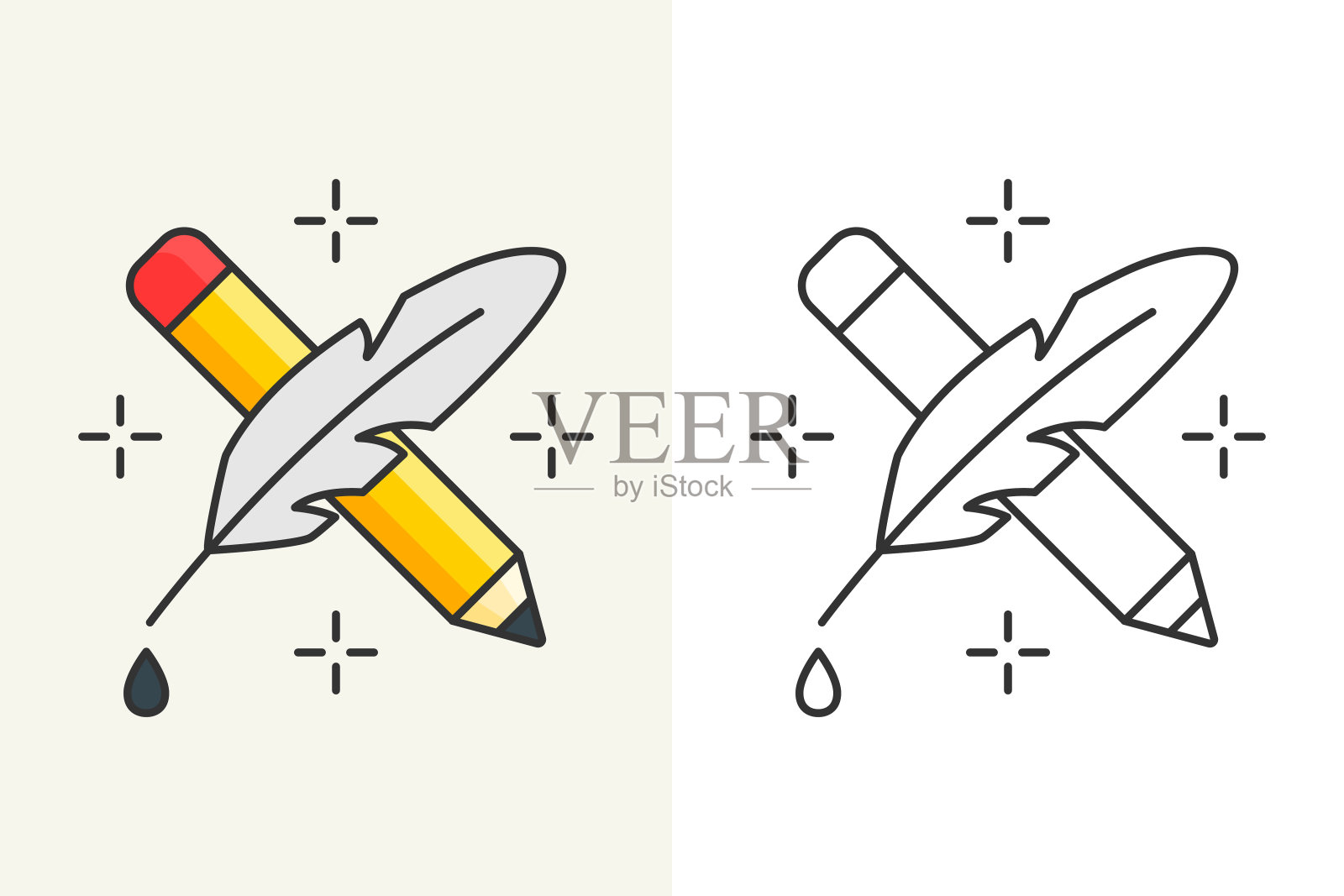 十字铅笔与羽毛矢量图标可编辑的笔触插画图片素材
