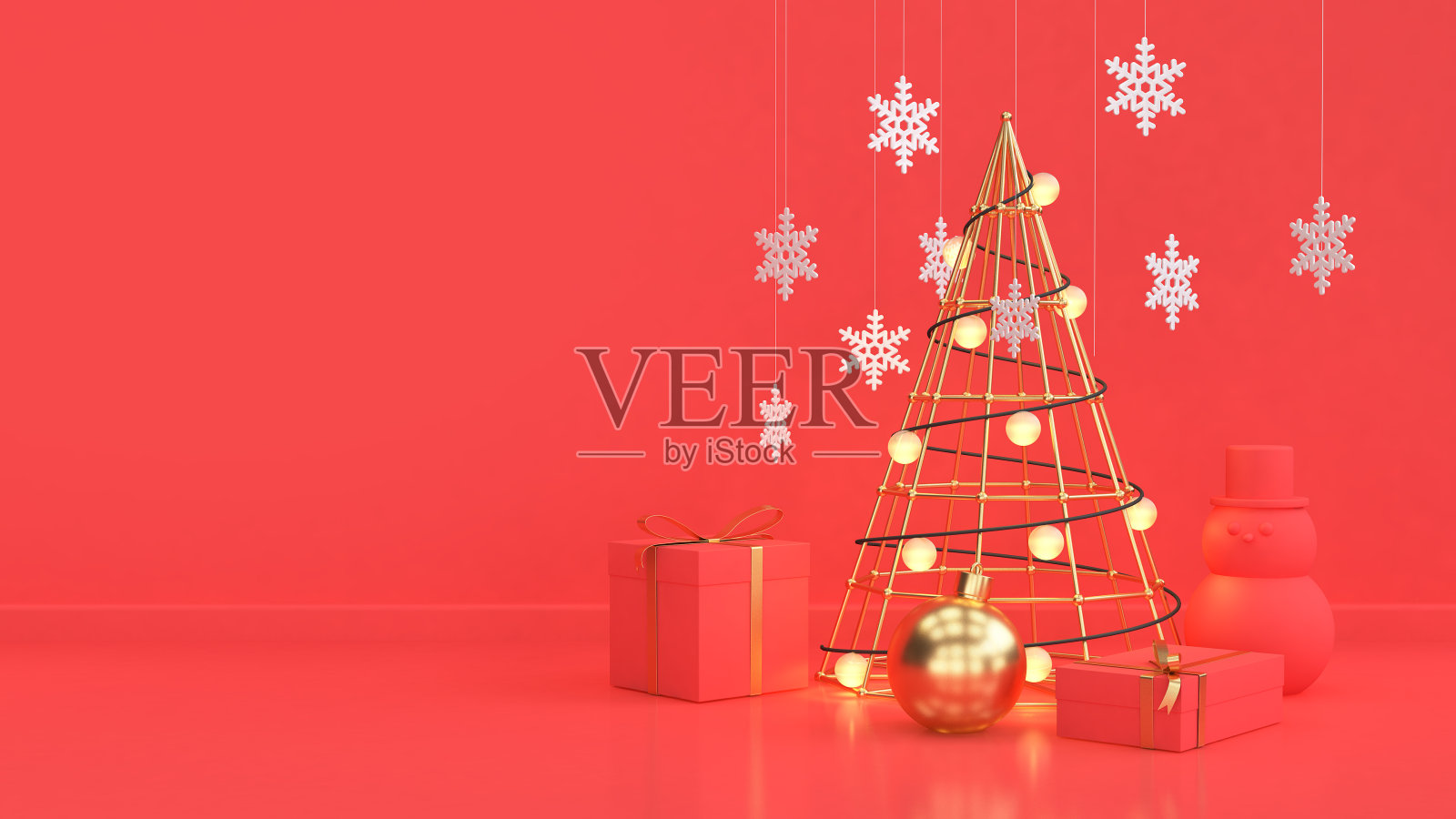 红色场景的圣诞背景新年假期概念金属金抽象圣诞树右礼盒红球墙地板3d渲染照片摄影图片