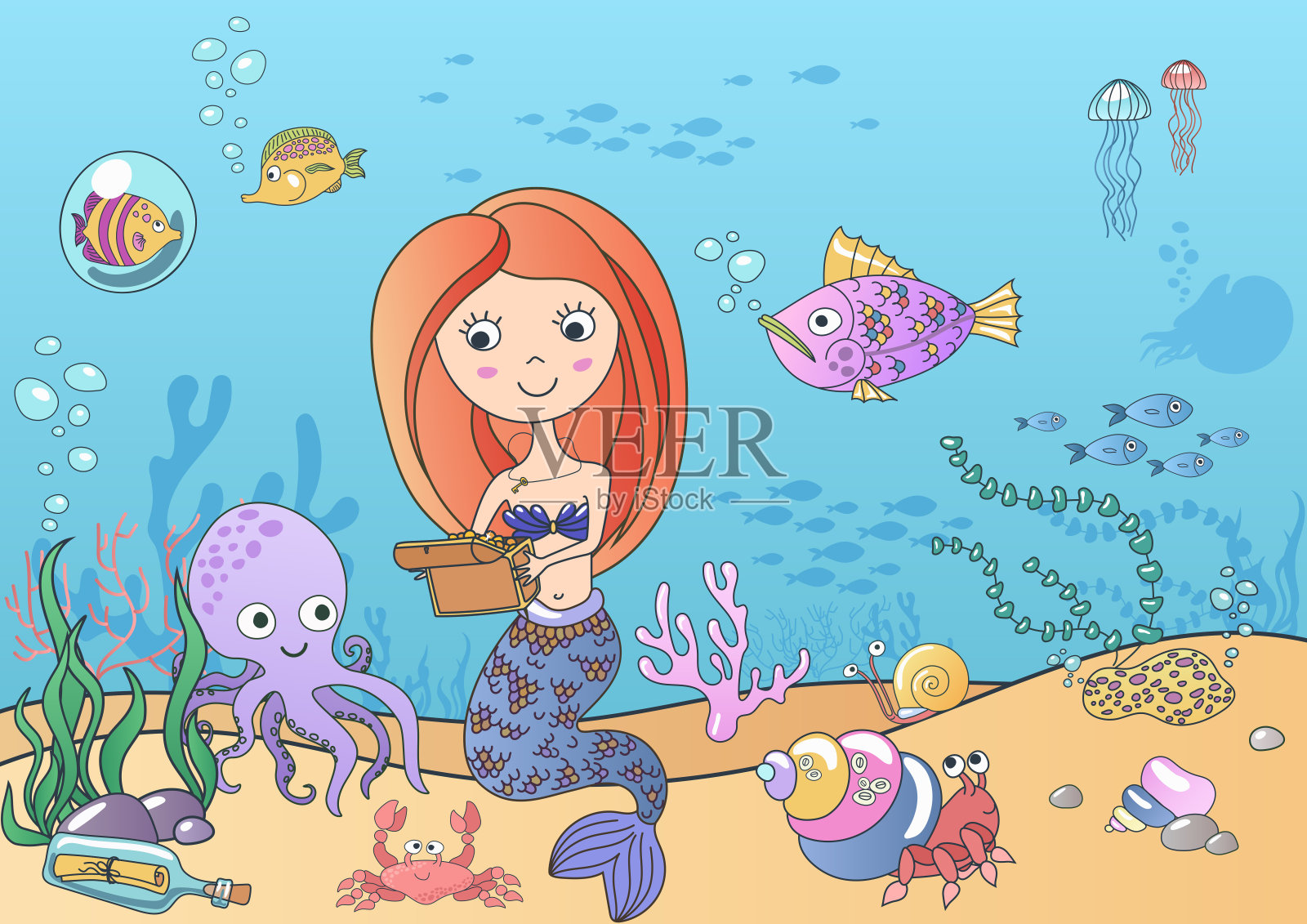 美丽可爱的小美人鱼和珍宝与鱼和章鱼在水下游泳。手绘插图。插画图片素材