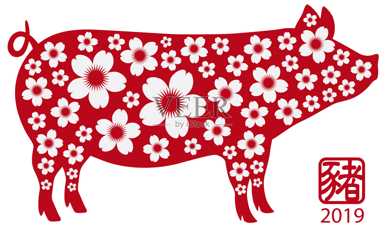 中国新年猪的红色剪影与花卉图案插画图片素材