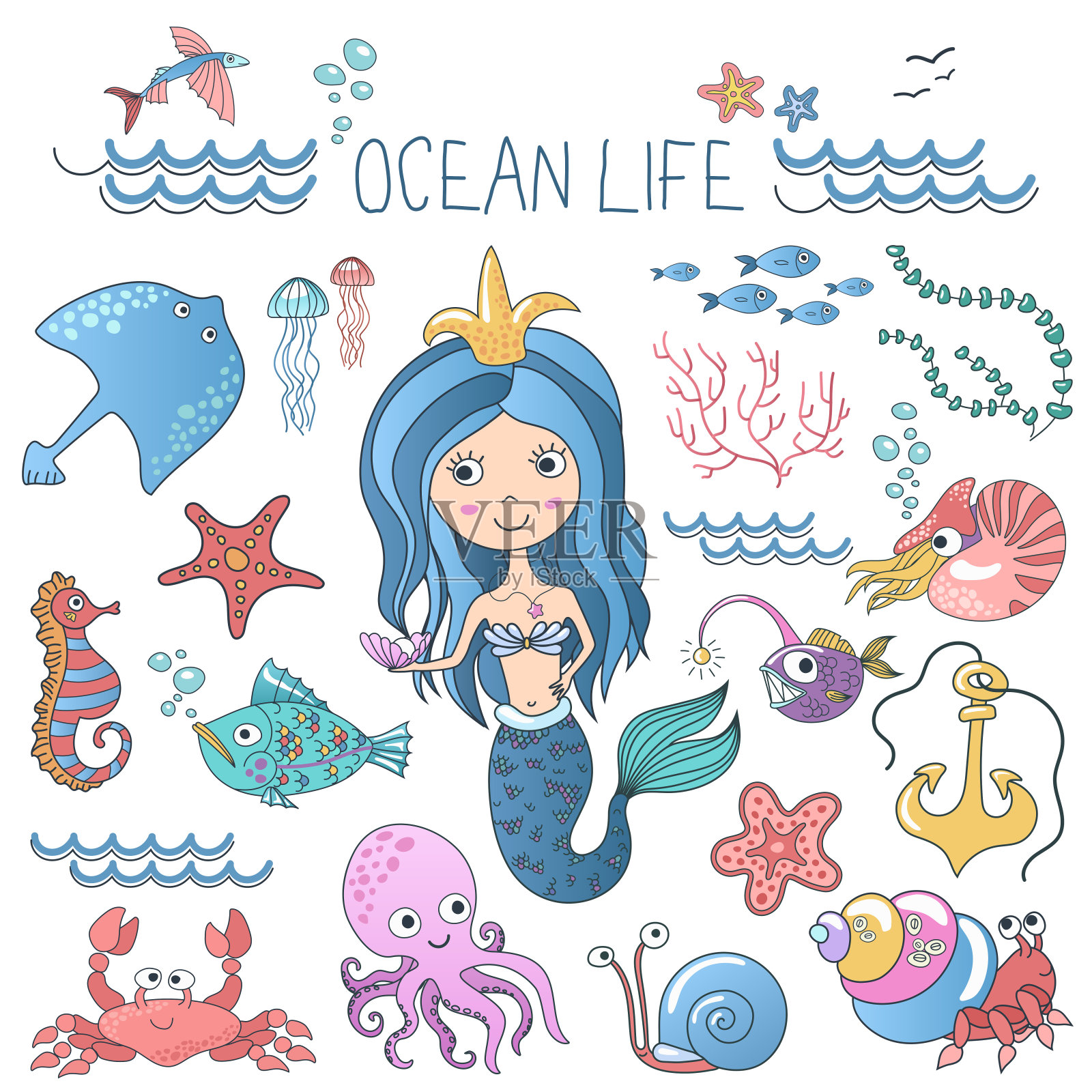 海洋生物插图集。可爱的卡通小美人鱼公主塞壬与海洋鱼类和其他动物。插画图片素材