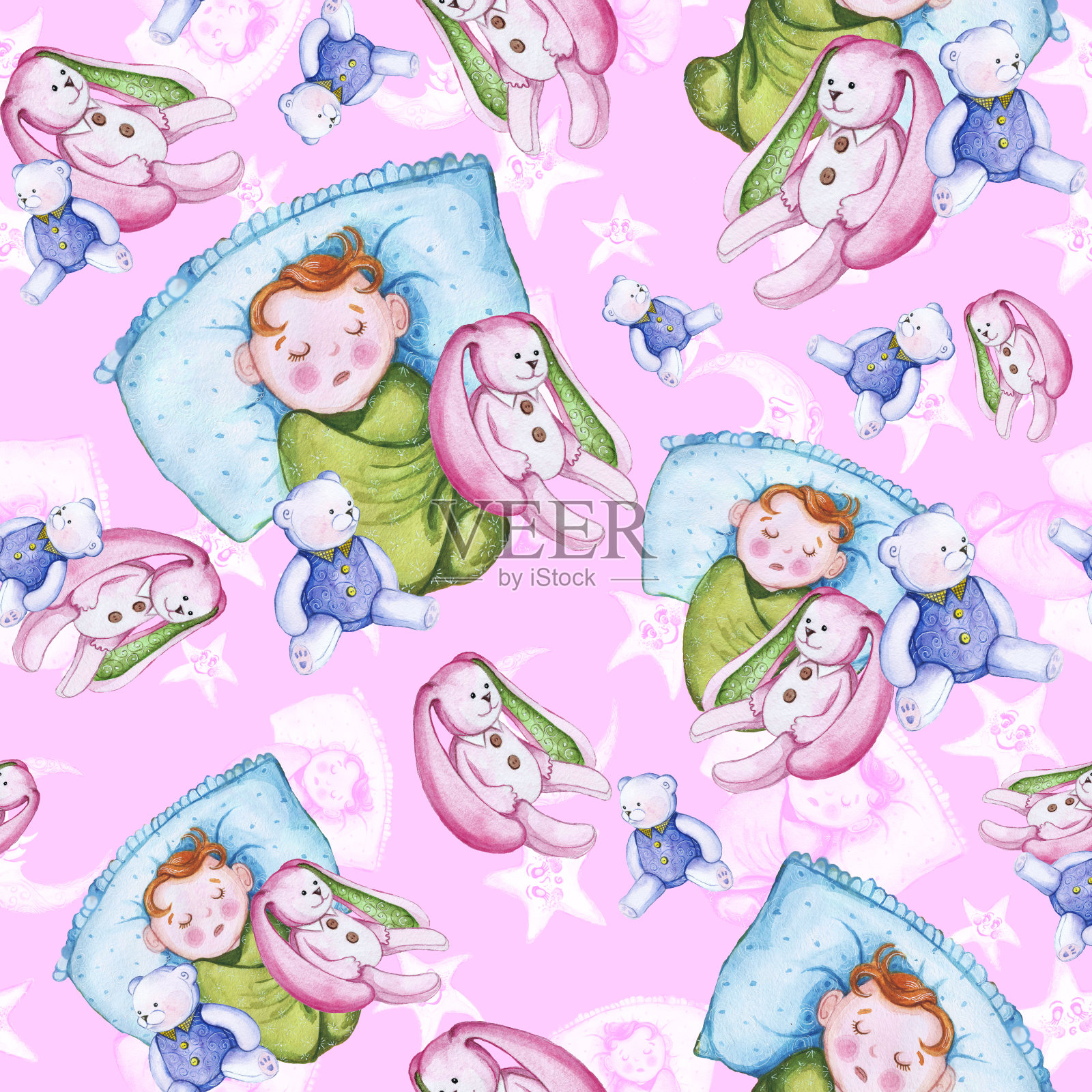 水彩无缝图案上的一个儿童插画的主题和一个小孩子的晚安，围绕着黄色的星星，微笑的月，月亮，柔软的毛绒玩具，一个兔子和一个熊，为甜蜜的梦在一个粉红色的背景插画图片素材