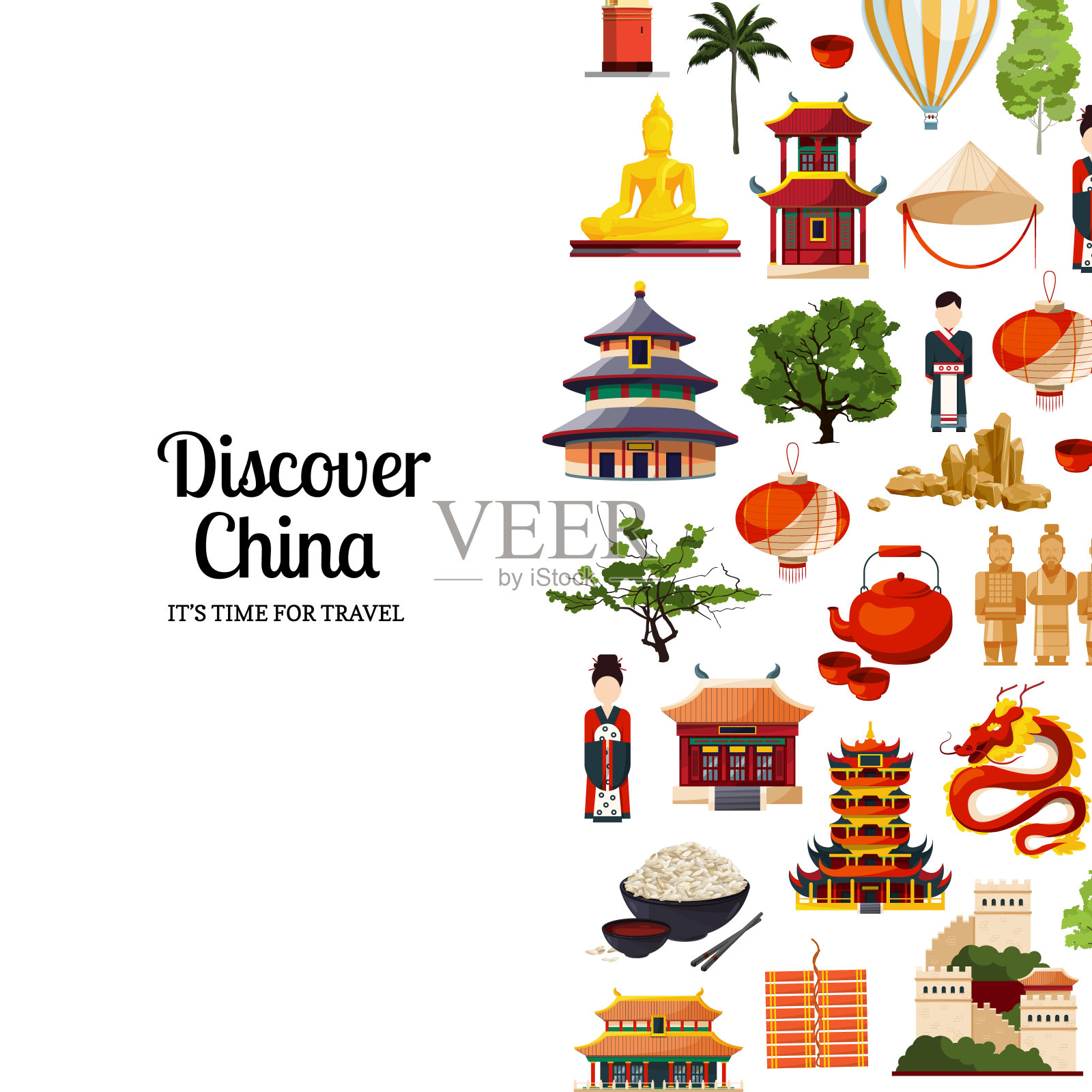 矢量平面风格的中国元素和景观背景插图与文本的地方插画图片素材