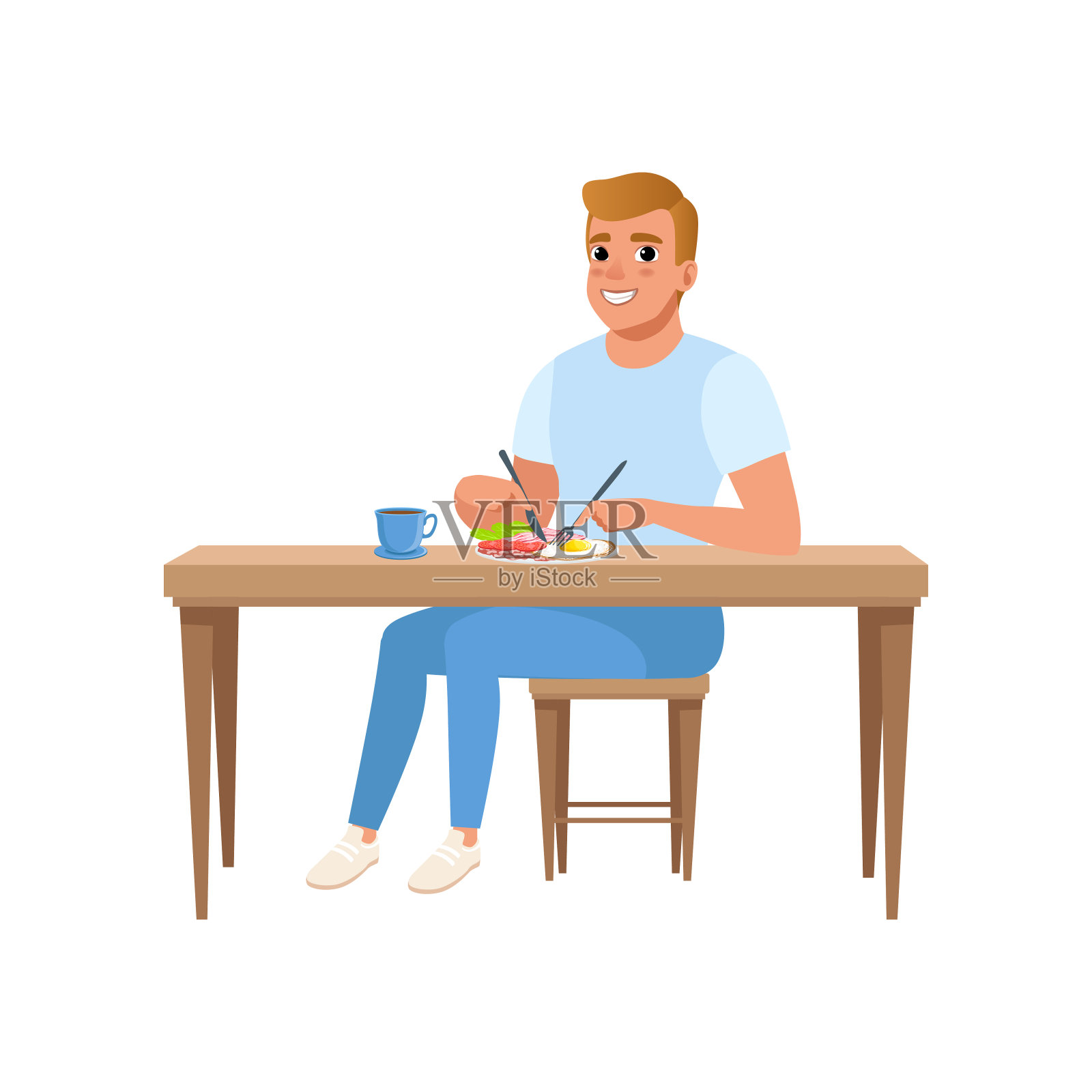 年轻人吃早餐，人们活动，日常例行矢量插图上的白色背景插画图片素材