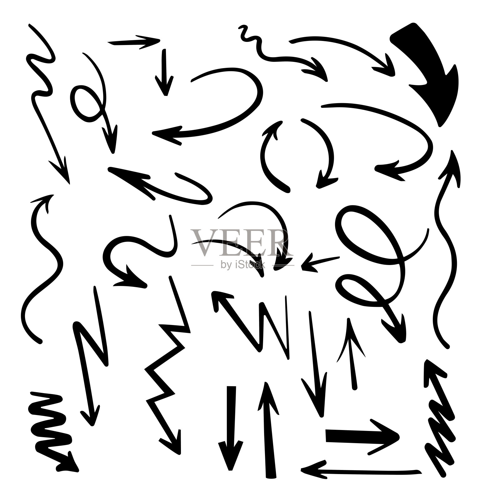 向量抽象黑色手绘箭头集。插图的Grunge素描手工矢量箭头集。箭头枯燥乏味的向量。设计元素图片