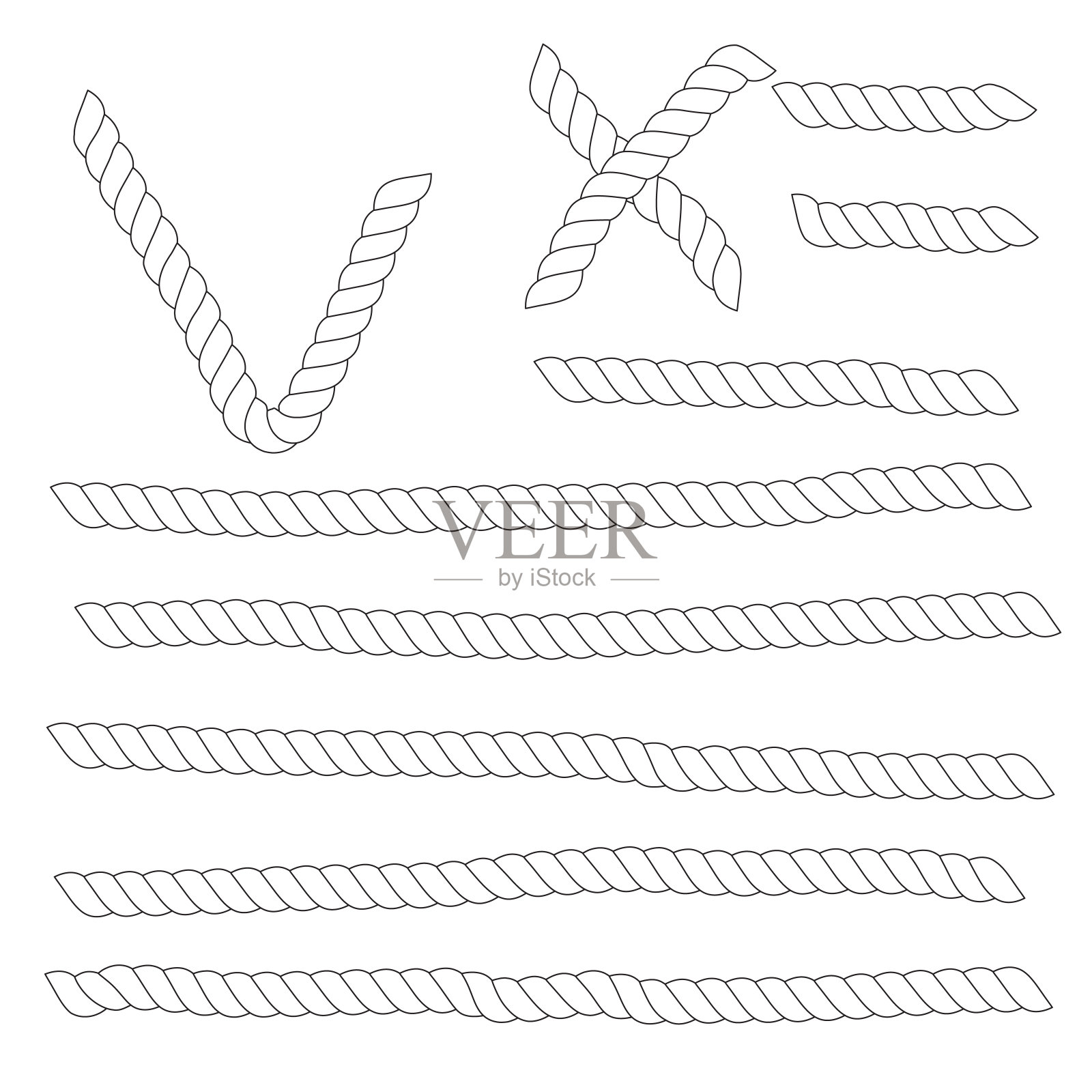 一组水平的白色绳子与勾和十字符号被隔离在白色背景上。设计元素图片