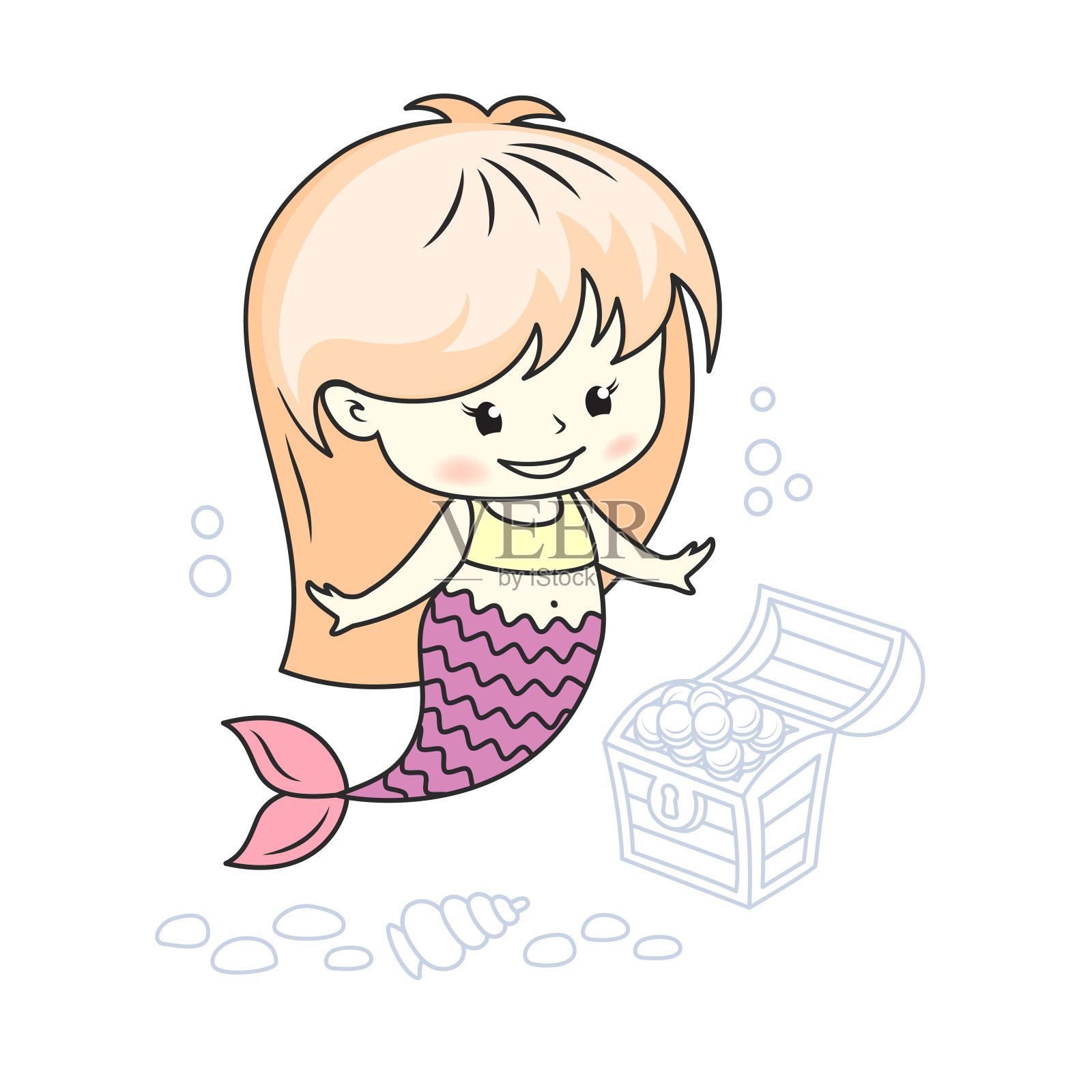 可爱的小美人鱼有一个宝箱和贝壳插画图片素材