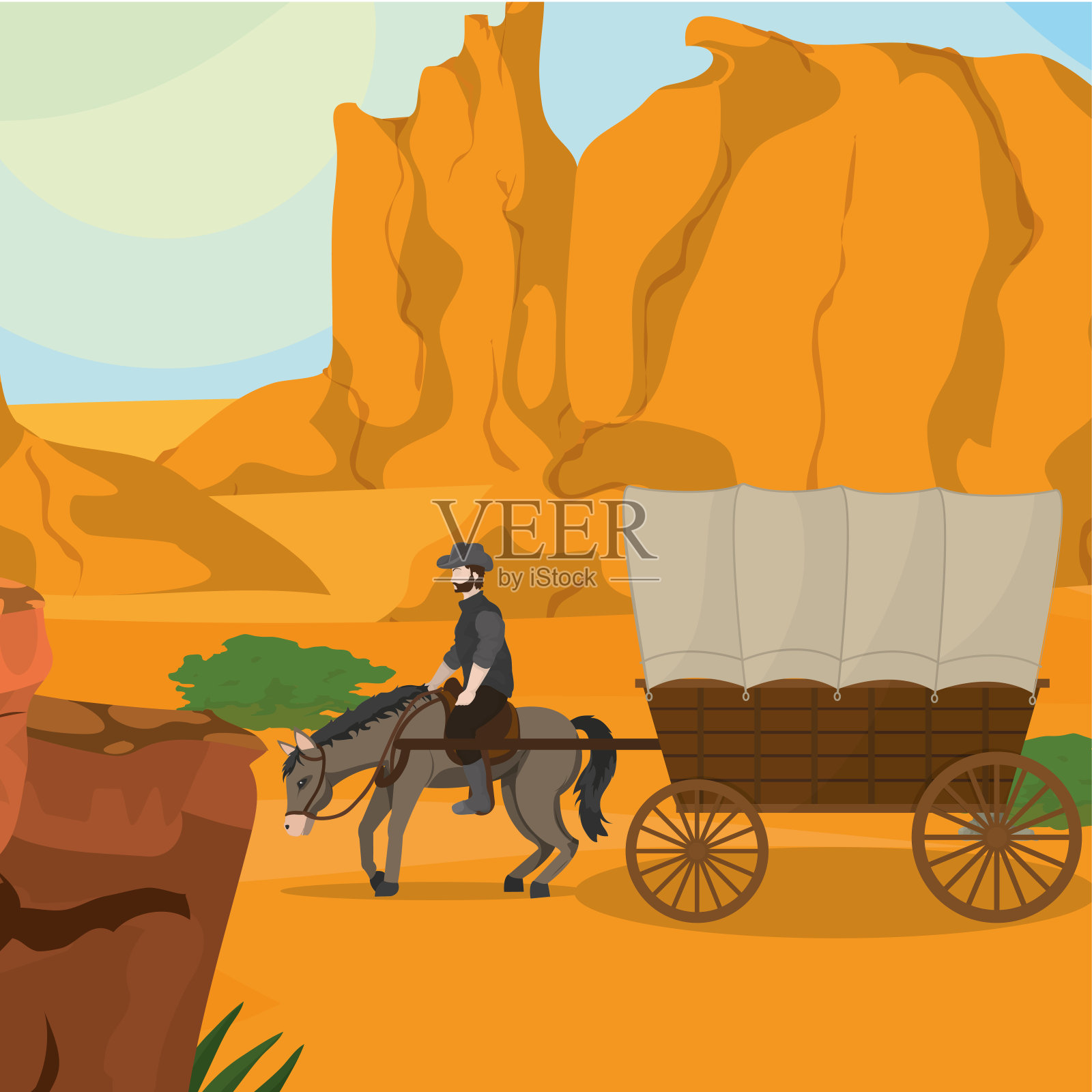 骑着马车的牛仔插画图片素材