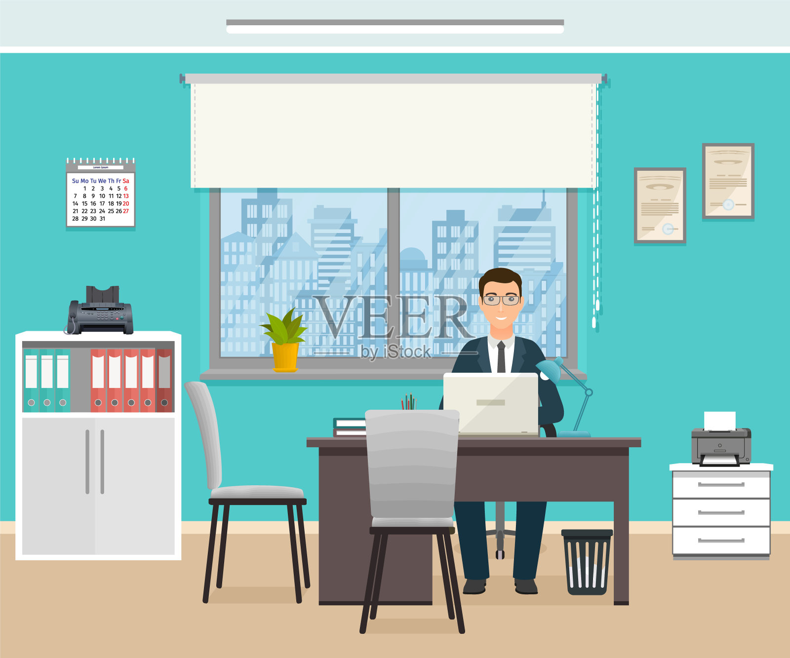 商人坐在办公桌旁，手提电脑。办公室内部的业务人员性格。插画图片素材