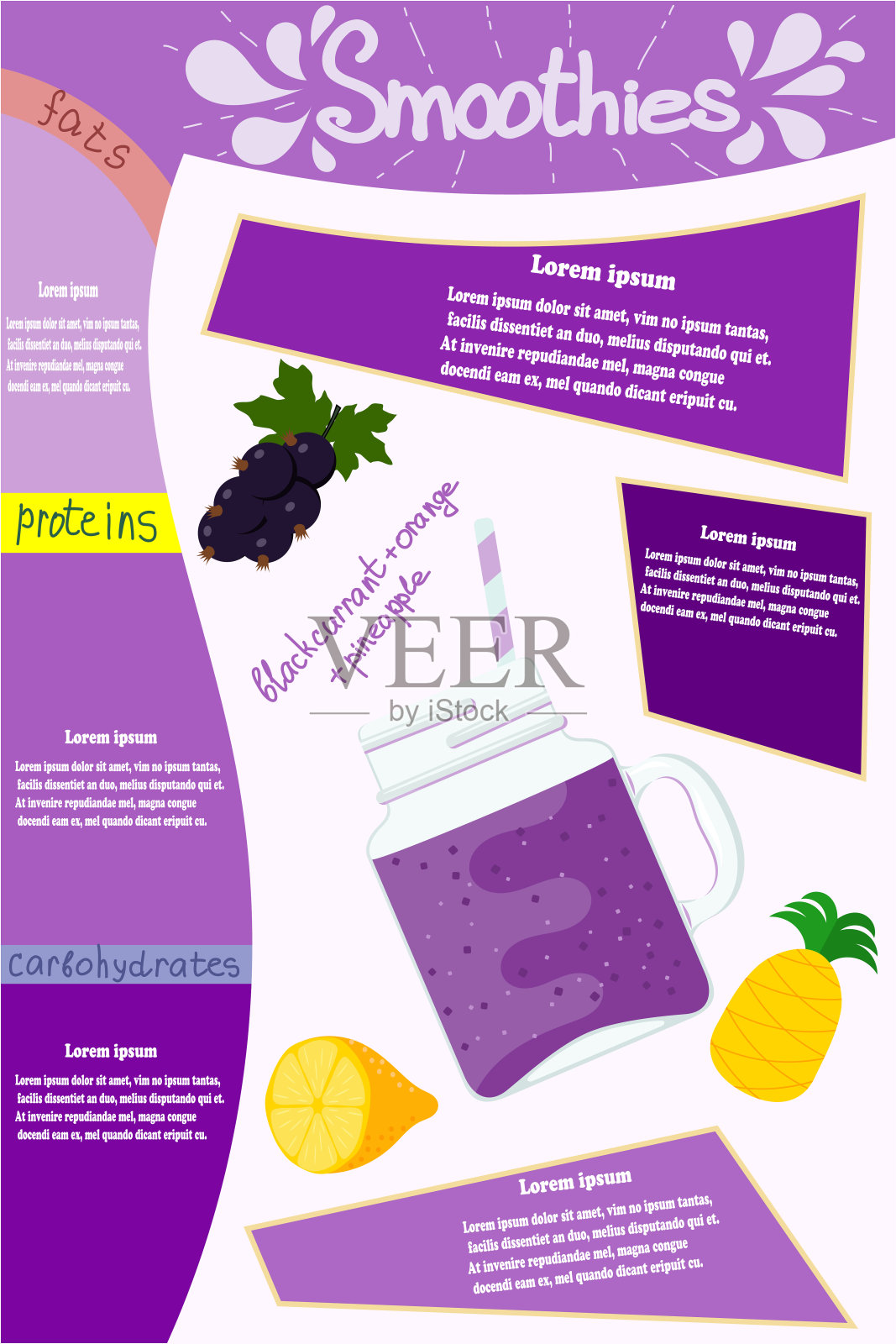 紫色的冰沙。用黑醋栗，橙子，菠萝和信息图和文字元素制成的维他命鸡尾酒奶昔。矢量插图的自然和健康的食物。设计模板素材