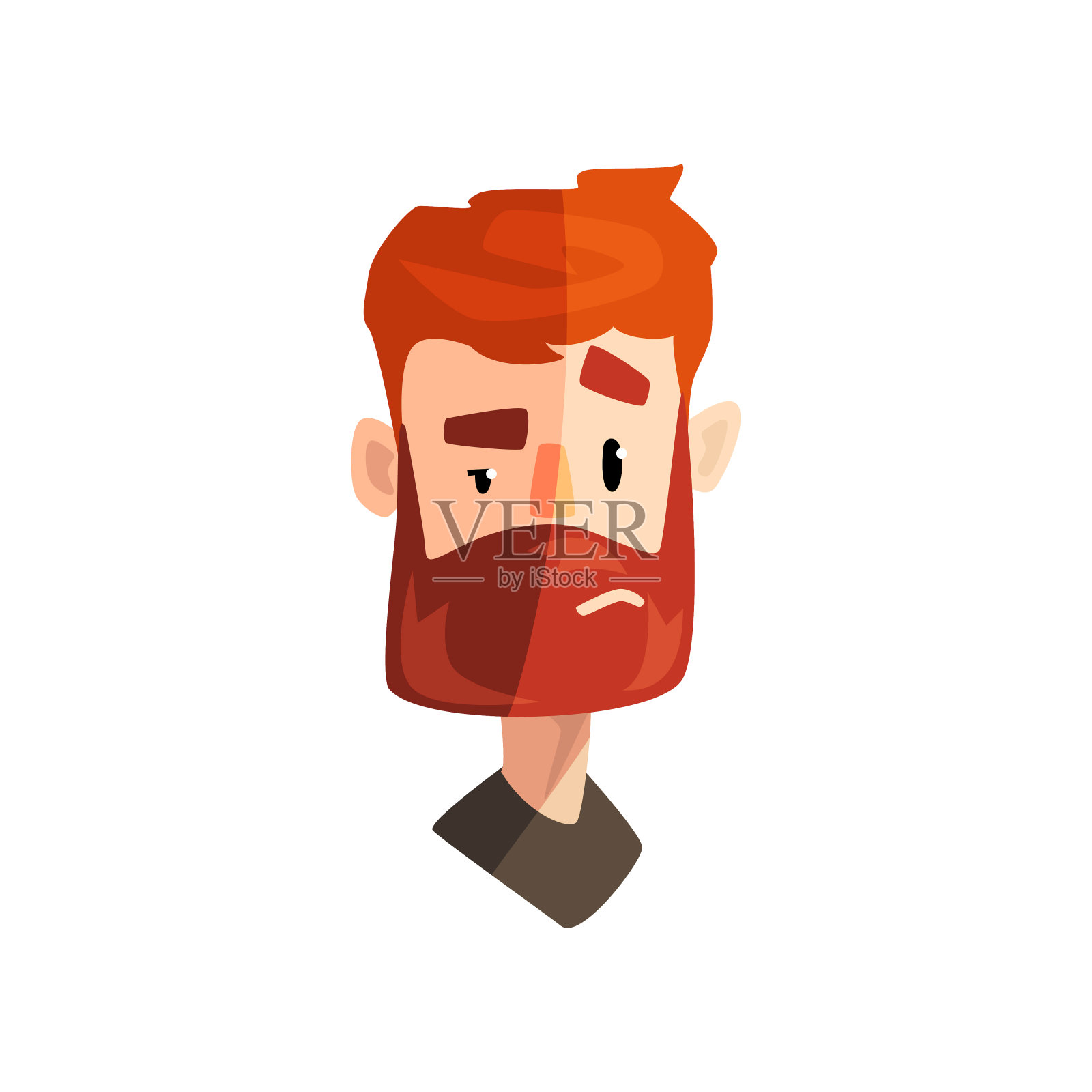怀疑红发大胡子男子，男性情绪化的脸，头像与面部表情向量插画在白色的背景插画图片素材