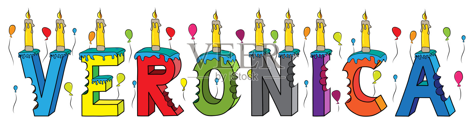 维罗妮卡女第一个名字咬彩色3d字母生日蛋糕蜡烛和气球插画图片素材