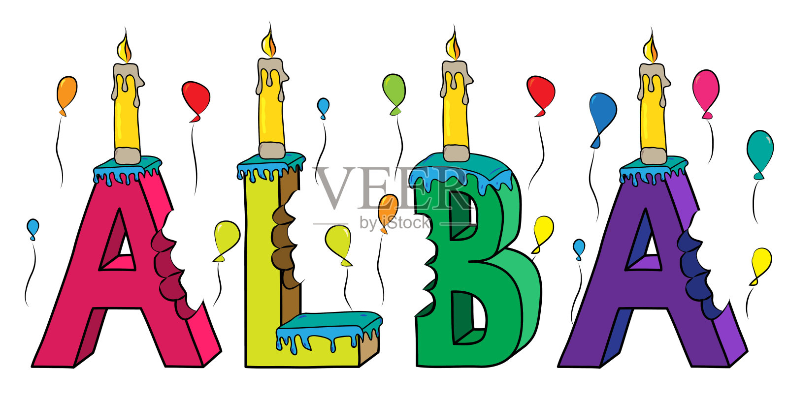 阿尔巴女名咬彩色3d字母生日蛋糕蜡烛和气球插画图片素材