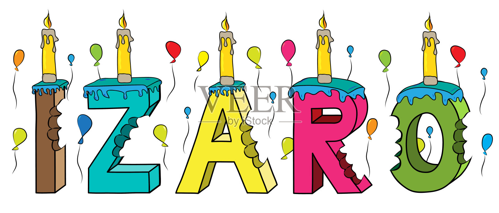 伊扎罗女名咬彩色3d字母生日蛋糕蜡烛和气球设计元素图片