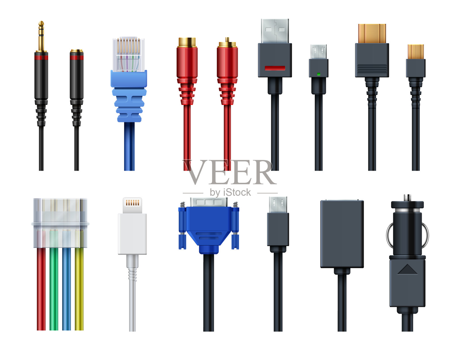 电缆电线计算机视频，音频，usb, hdmi，网络和电连接器和插头矢量集隔离插画图片素材