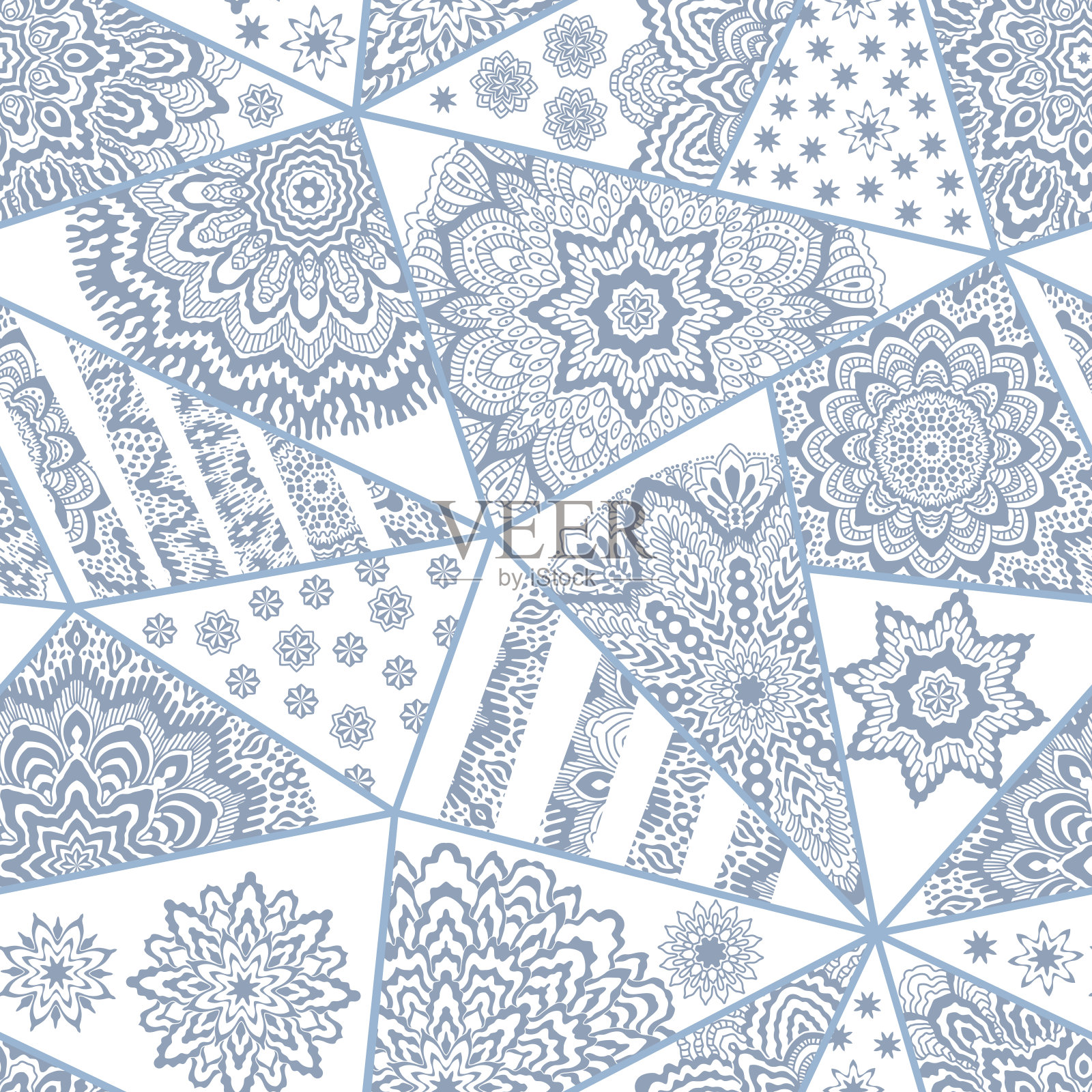 抽象的矢量无缝三角形拼接图案从蓝色和白色几何艺术装饰装饰，程式化的星星和东方径向玫瑰图案。地毯，印花织物，墙纸，包装纸插画图片素材