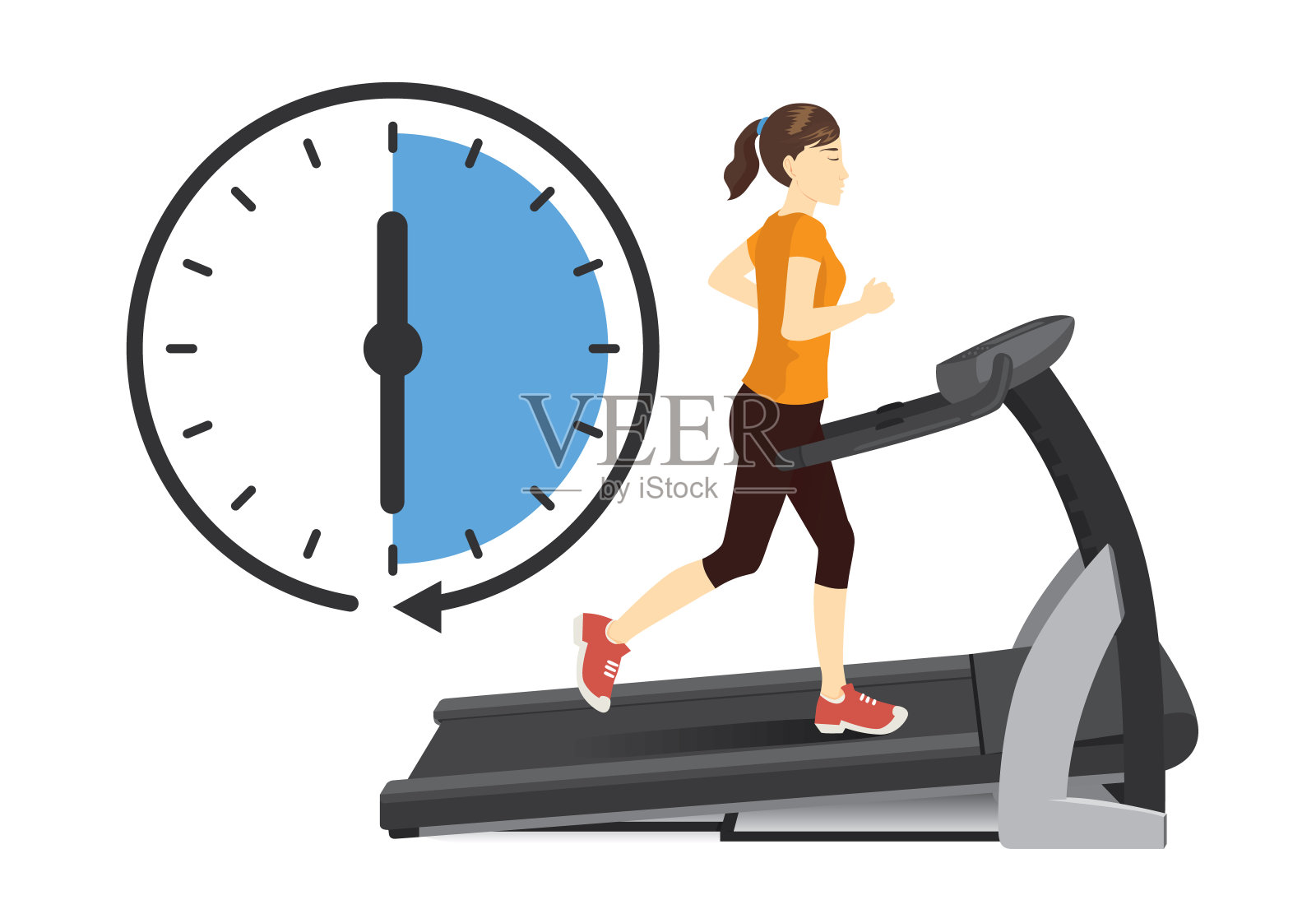 女人在电动跑步机上运行与时钟图标隔离在白色。插画图片素材