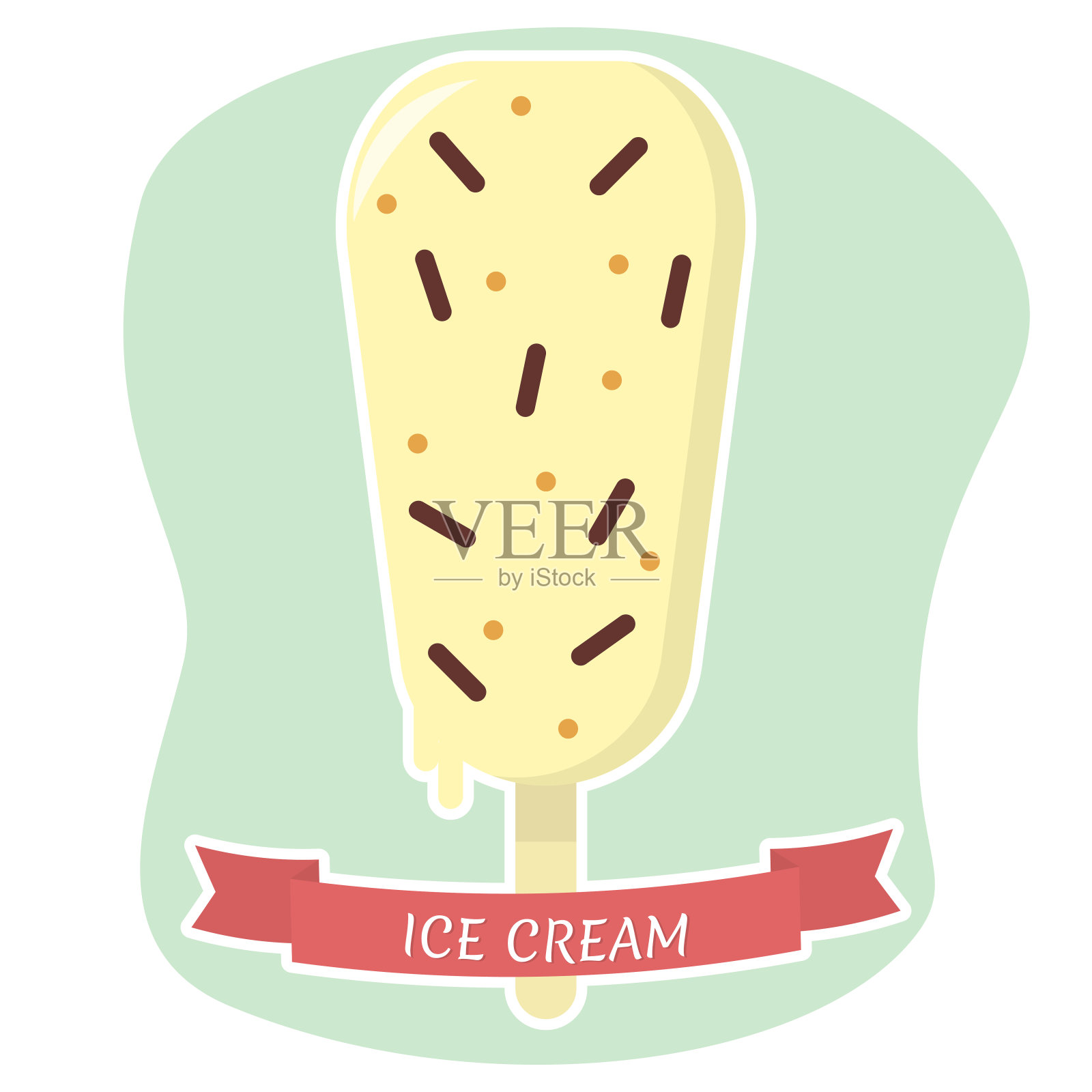 冰淇淋上的棒状扁平图标在白色描边与红色丝带的背景设计元素图片
