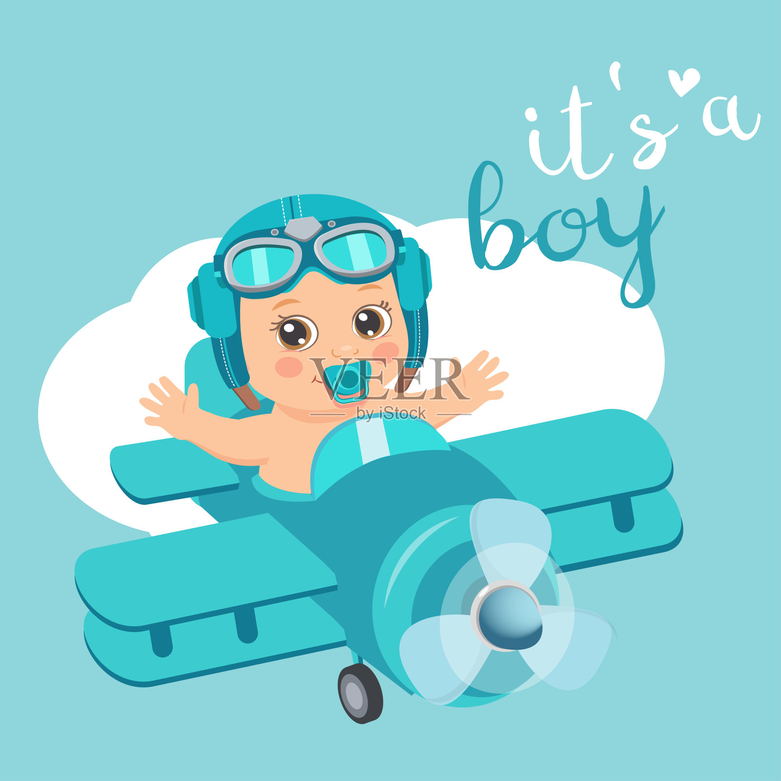 这是一个男孩美丽的向量卡。可爱的飞机和着陆男孩飞行员。插画图片素材