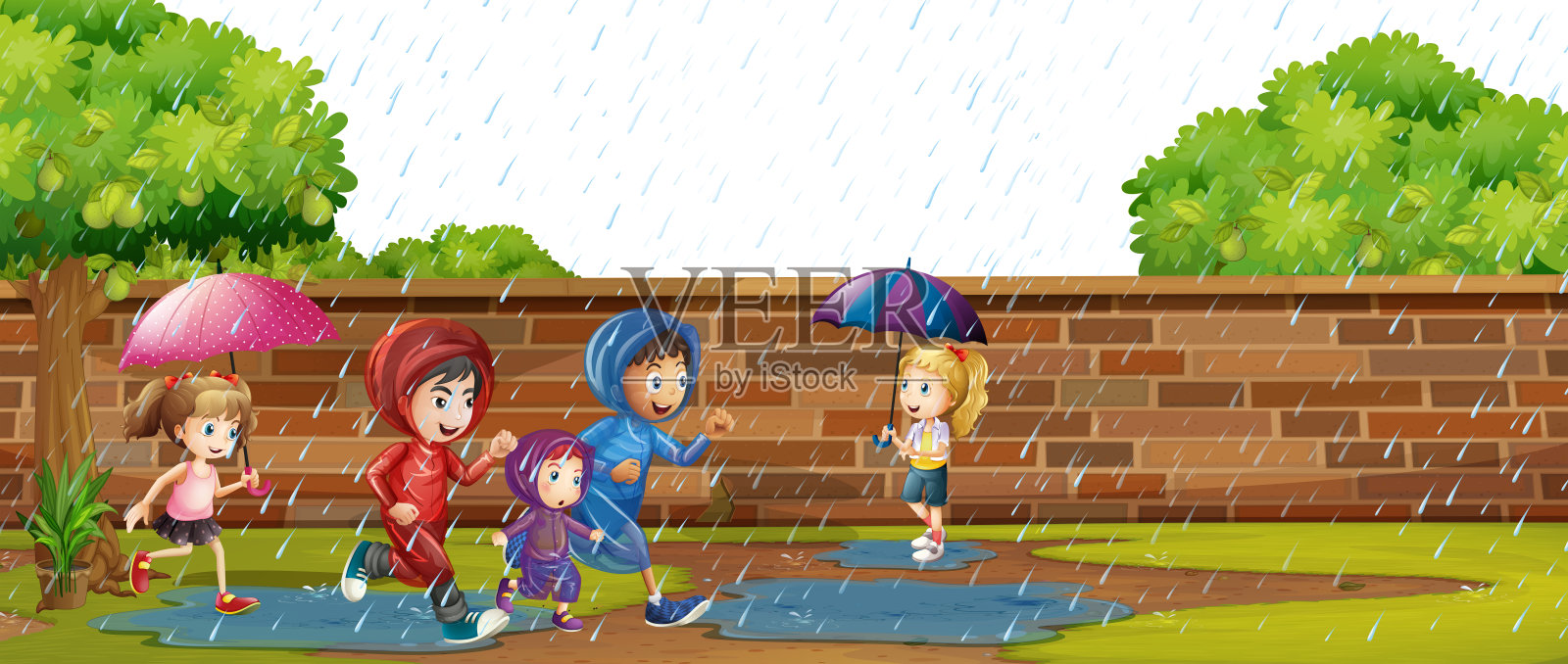 孩子们在雨中玩耍插画图片素材
