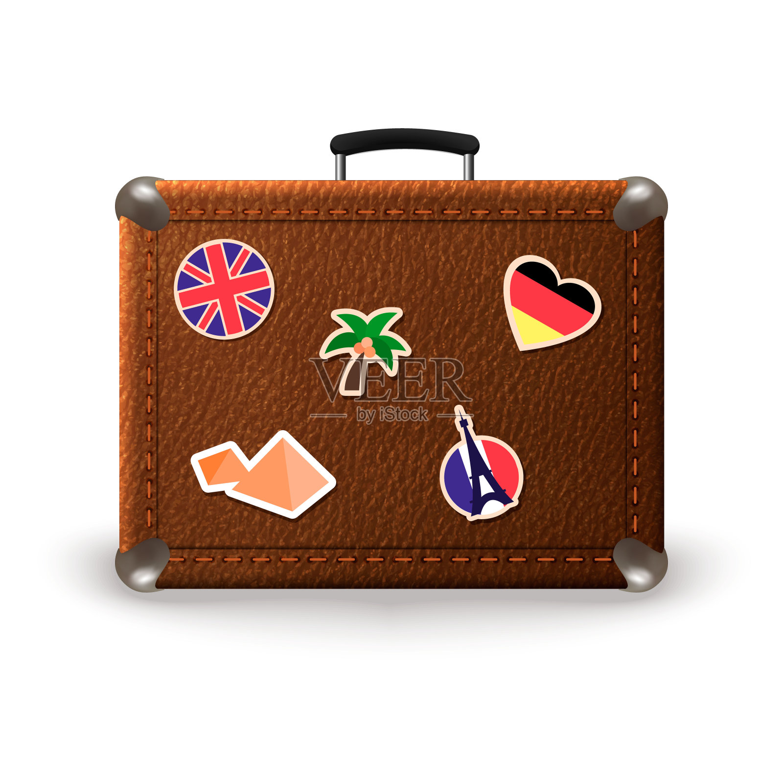 带有旅行贴纸的复古行李箱。旧皮包与贴纸的法国，德国，埃及，英国插画图片素材