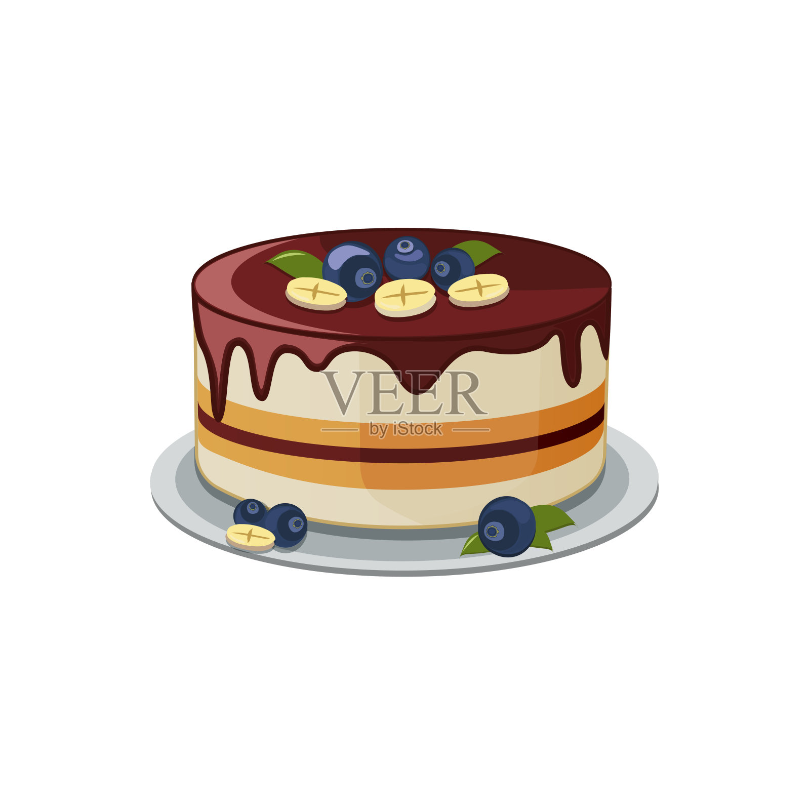 蓝莓和香蕉分层蛋糕加上巧克力装饰。海绵蛋糕矢量插图在卡通风格的菜单，传单，横幅和广告设计。设计元素图片