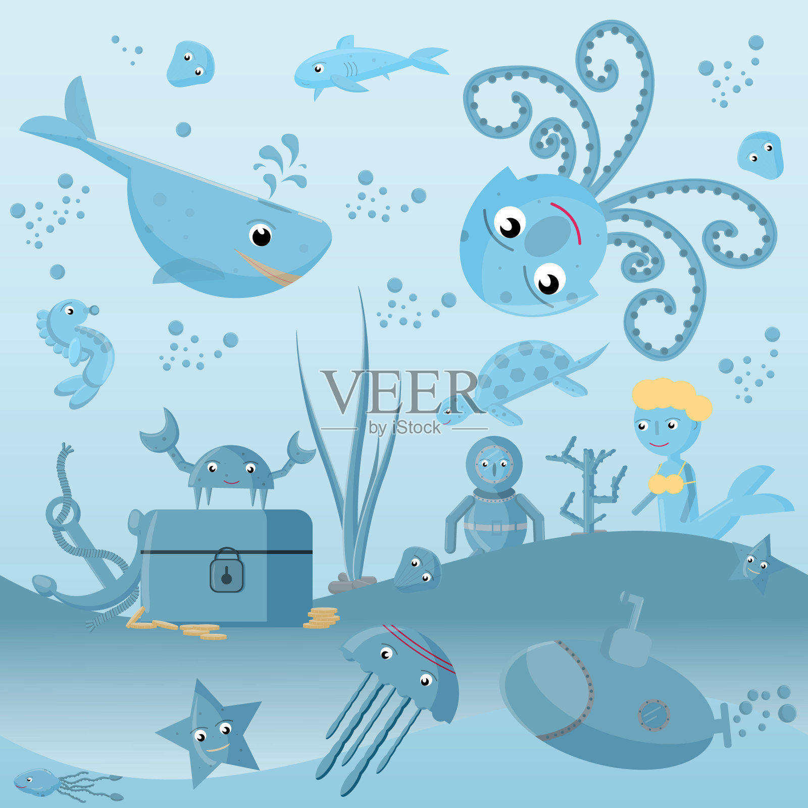 平面插图对海洋生物，水下生活，标签或贴纸设计插画图片素材