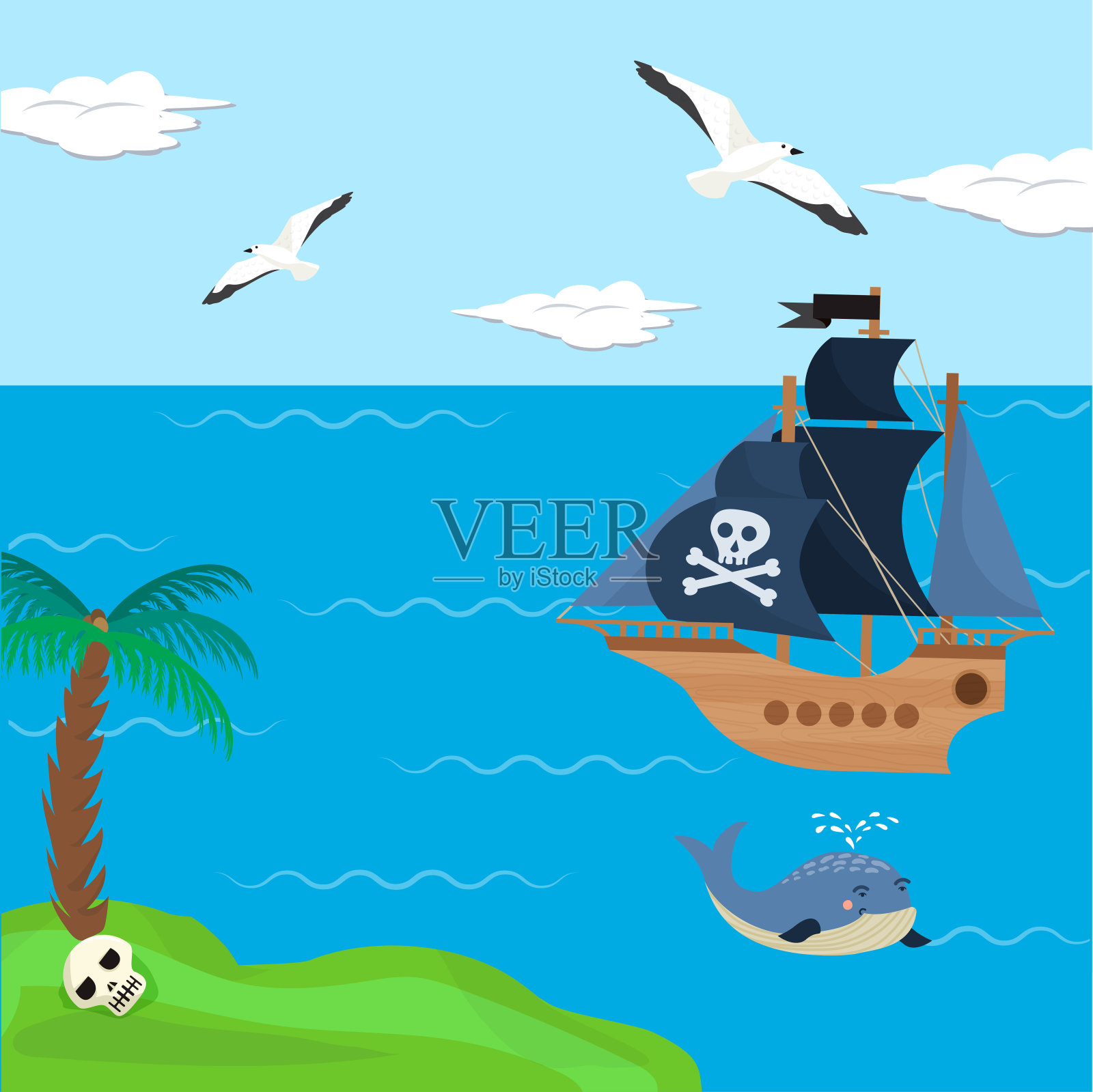 海盗船矢量儿童卡通海盗背景与海盗船或帆船在海边与岛屿和棕榈插图海洋背景的儿童插画图片素材