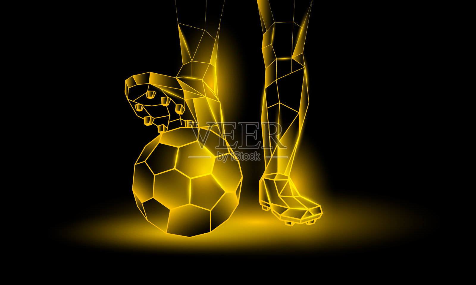 足球黄色霓虹背景。足球运动员在球上的多边形脚。插画图片素材