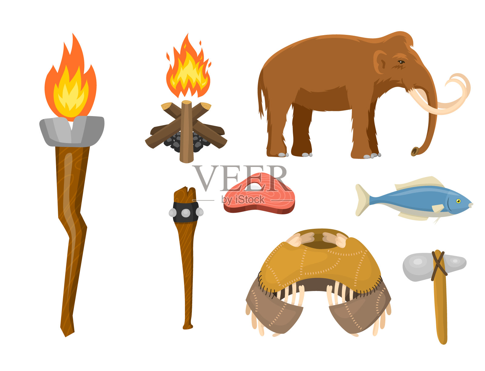 石器时代向量土著原始历史狩猎原始人民武器和房屋生活符号插图插画图片素材