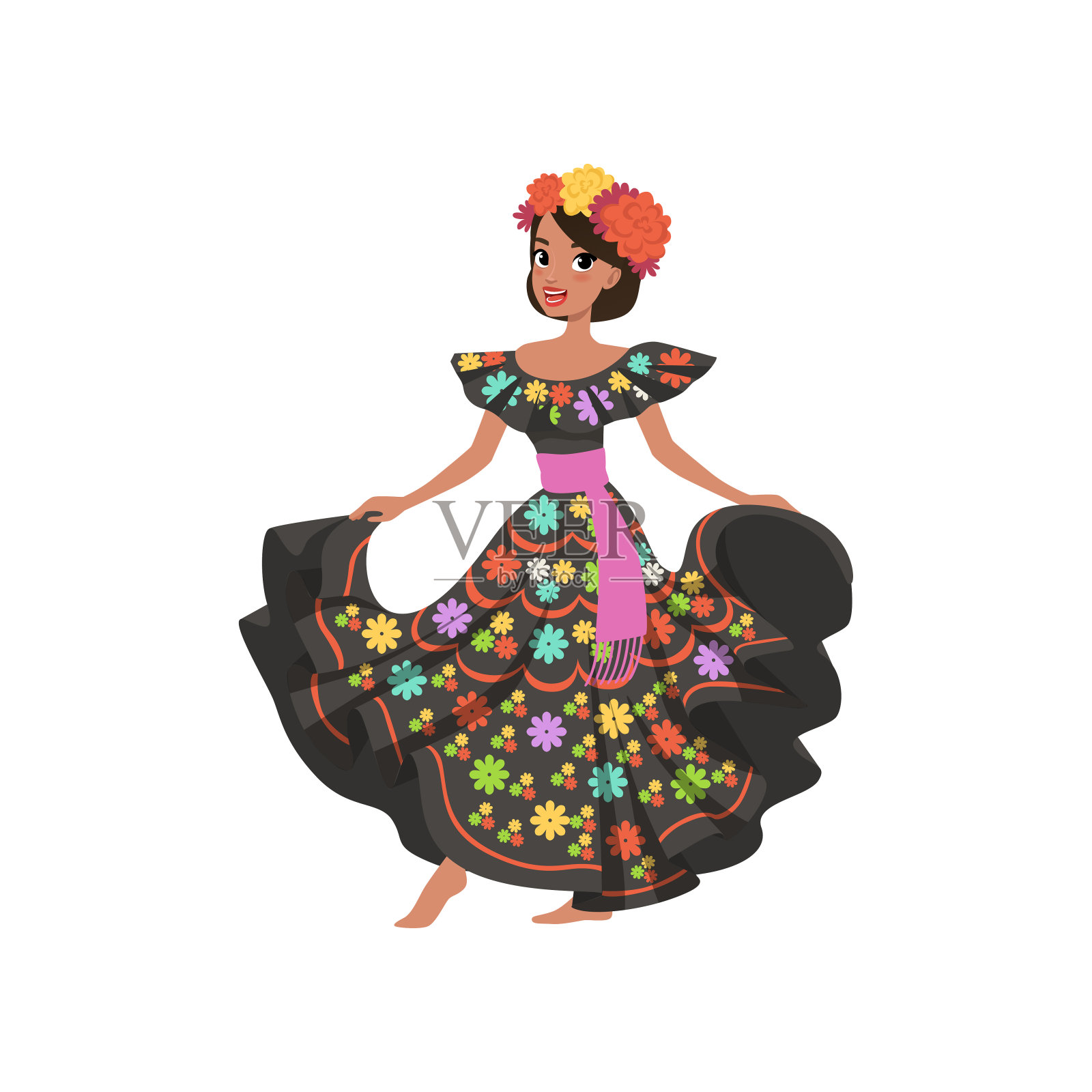 年轻美丽的墨西哥女人在黑色传统民族服装向量插图在白色的背景设计元素图片